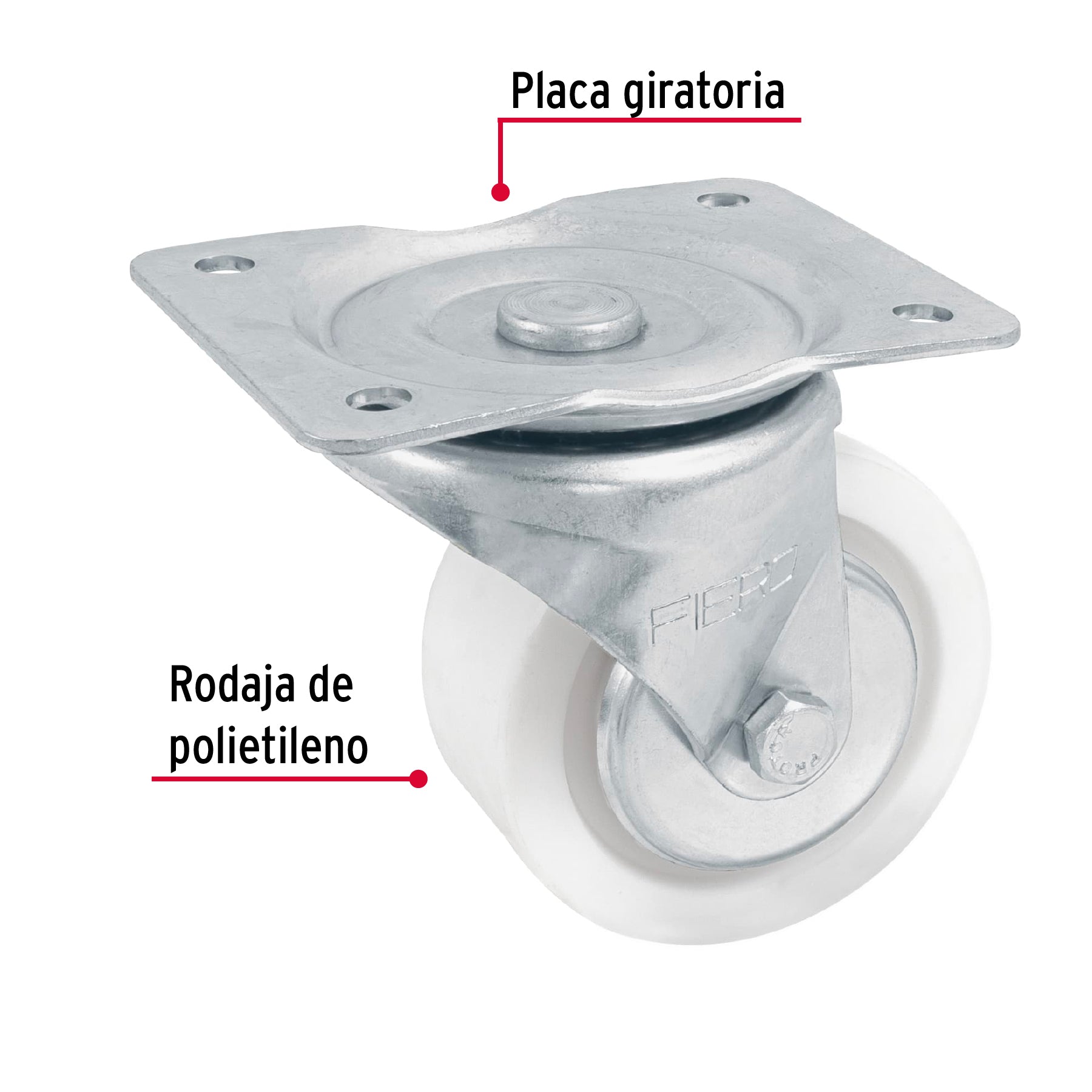 Rodaja de polietileno 4" placa giratoria, con balero, FIERO