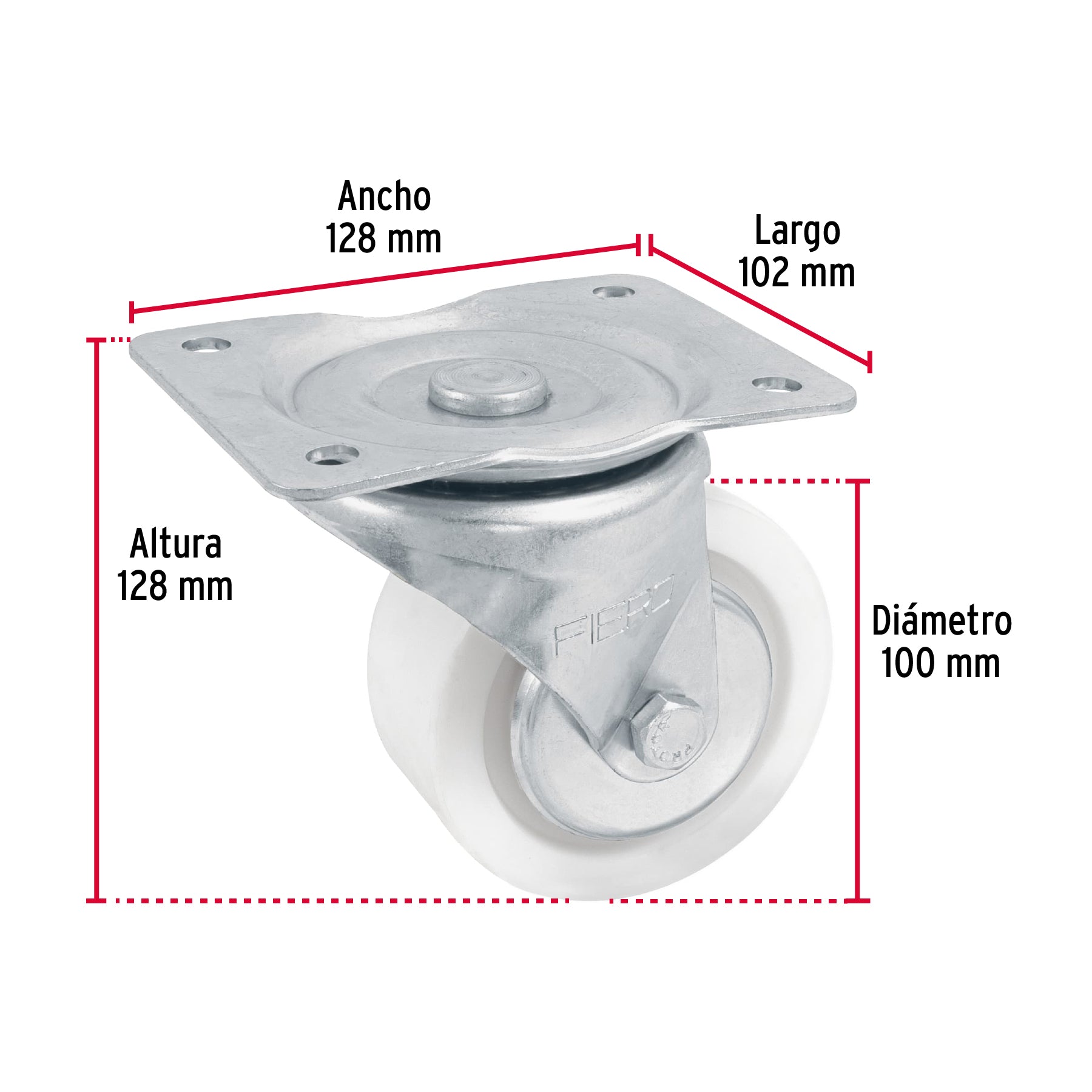Rodaja de polietileno 4" placa giratoria, con balero, FIERO