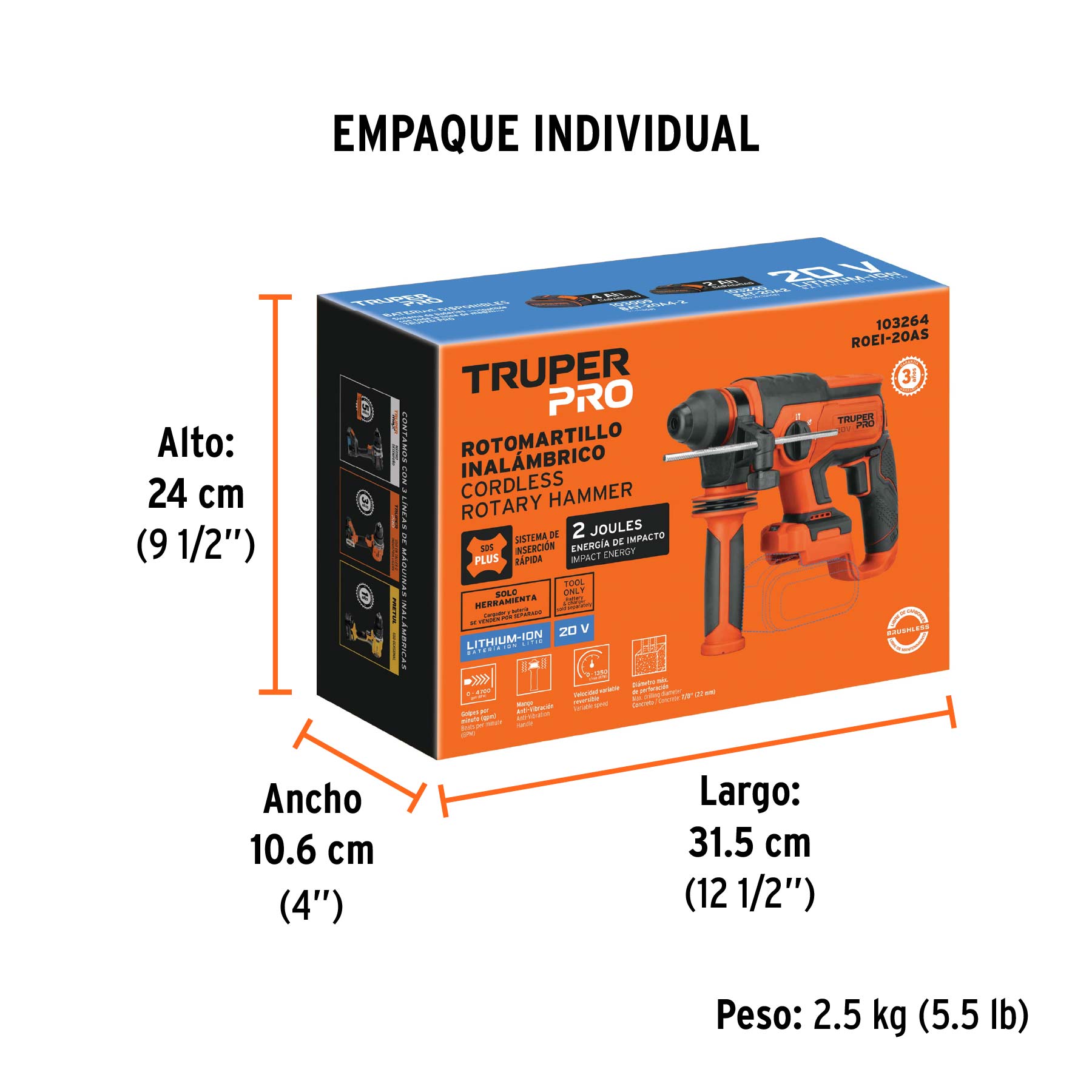 Rotomartillo SDS Plus/destornillador 20V, 2J, sin accesorios - Empaque