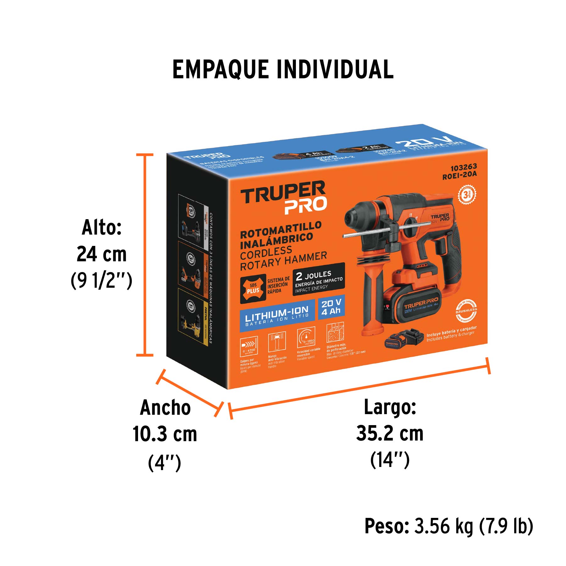 Rotomartillo SDS Plus/destornillador 20V, 2 J, 1 batería 4Ah - Empaque