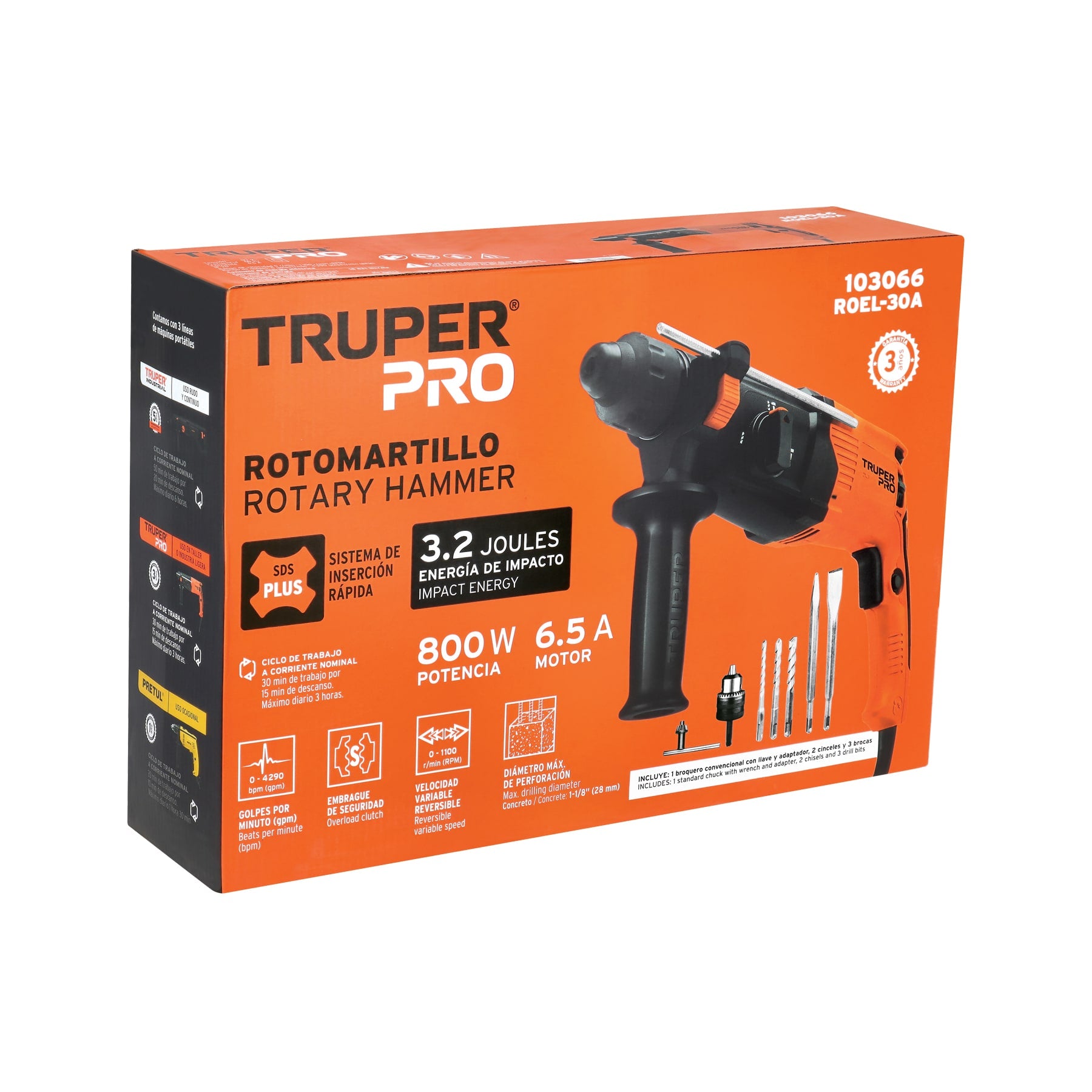 Rotomartillo SDS Plus/destornillador 3.2 J, 800W, TRUPER PRO