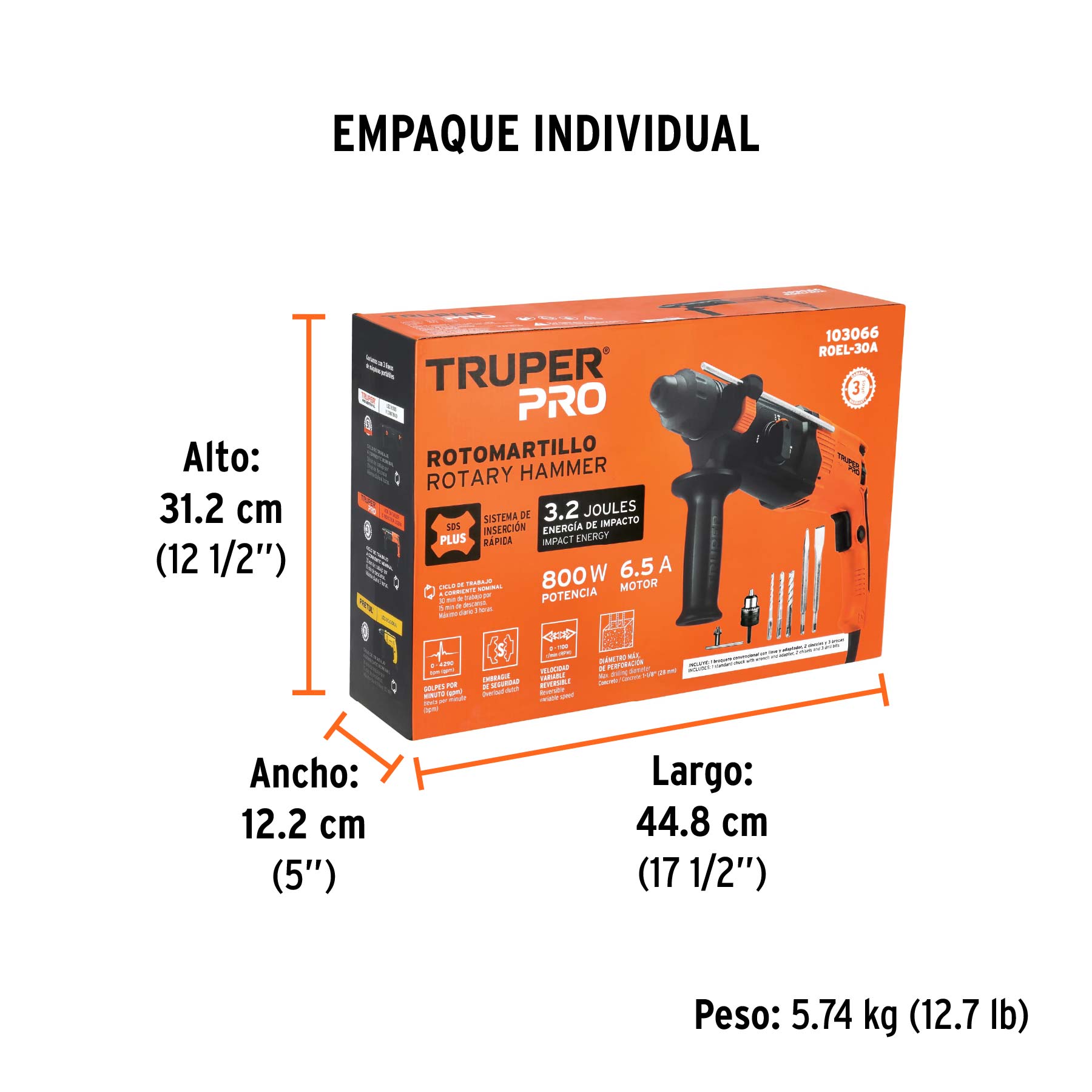 Rotomartillo SDS Plus/destornillador 3.2 J, 800W, TRUPER PRO - Empaque