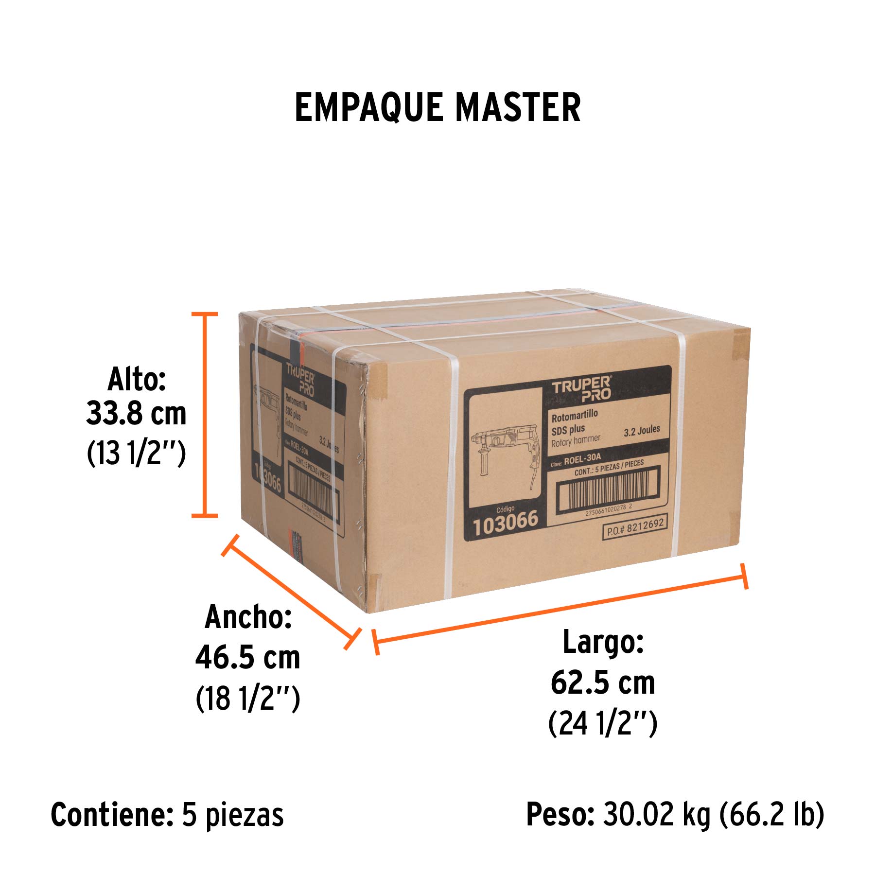 Rotomartillo SDS Plus/destornillador 3.2 J, 800W, TRUPER PRO - Empaque
