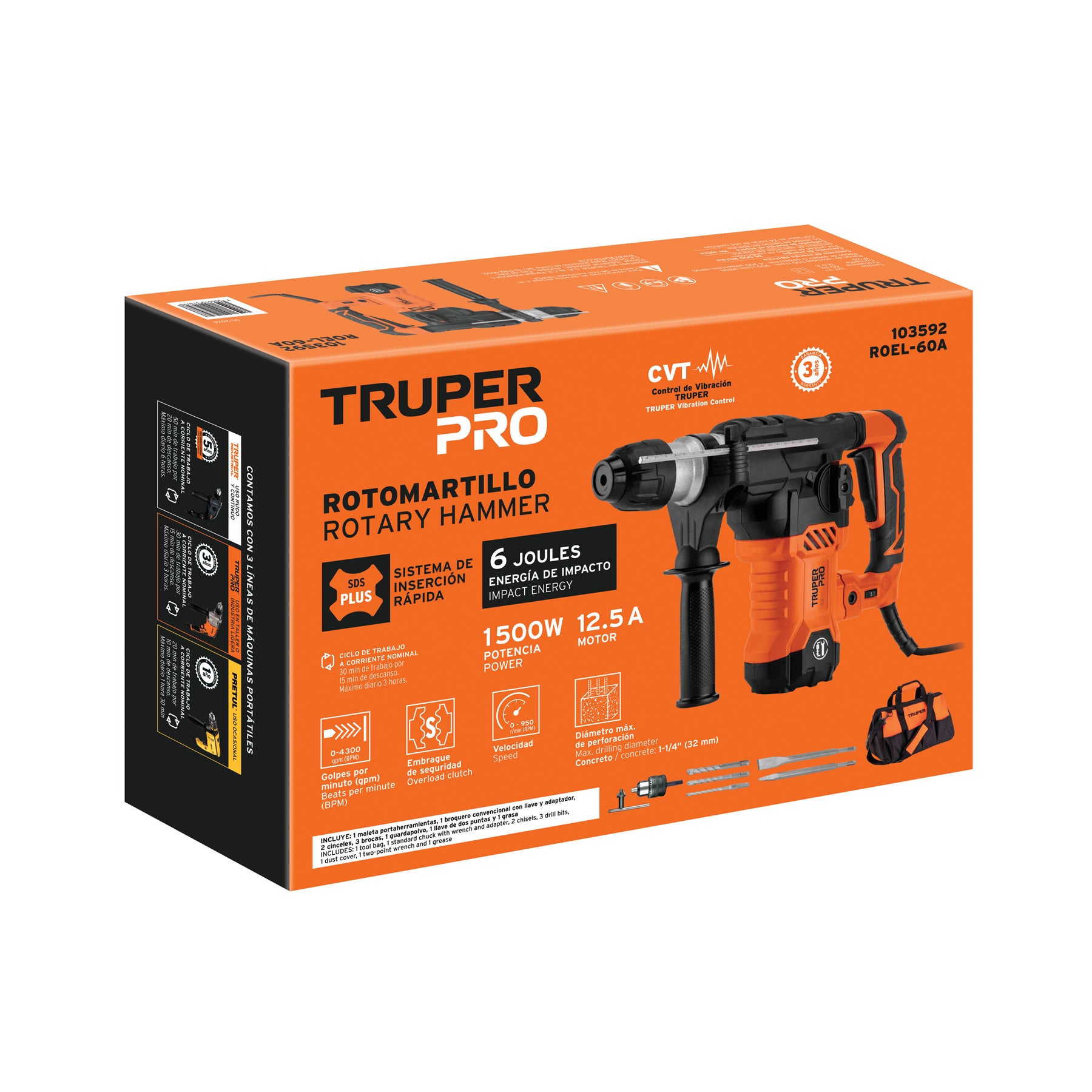 Rotomartillo SDS Plus/destornillador 6 J, 1500W, TRUPER PRO