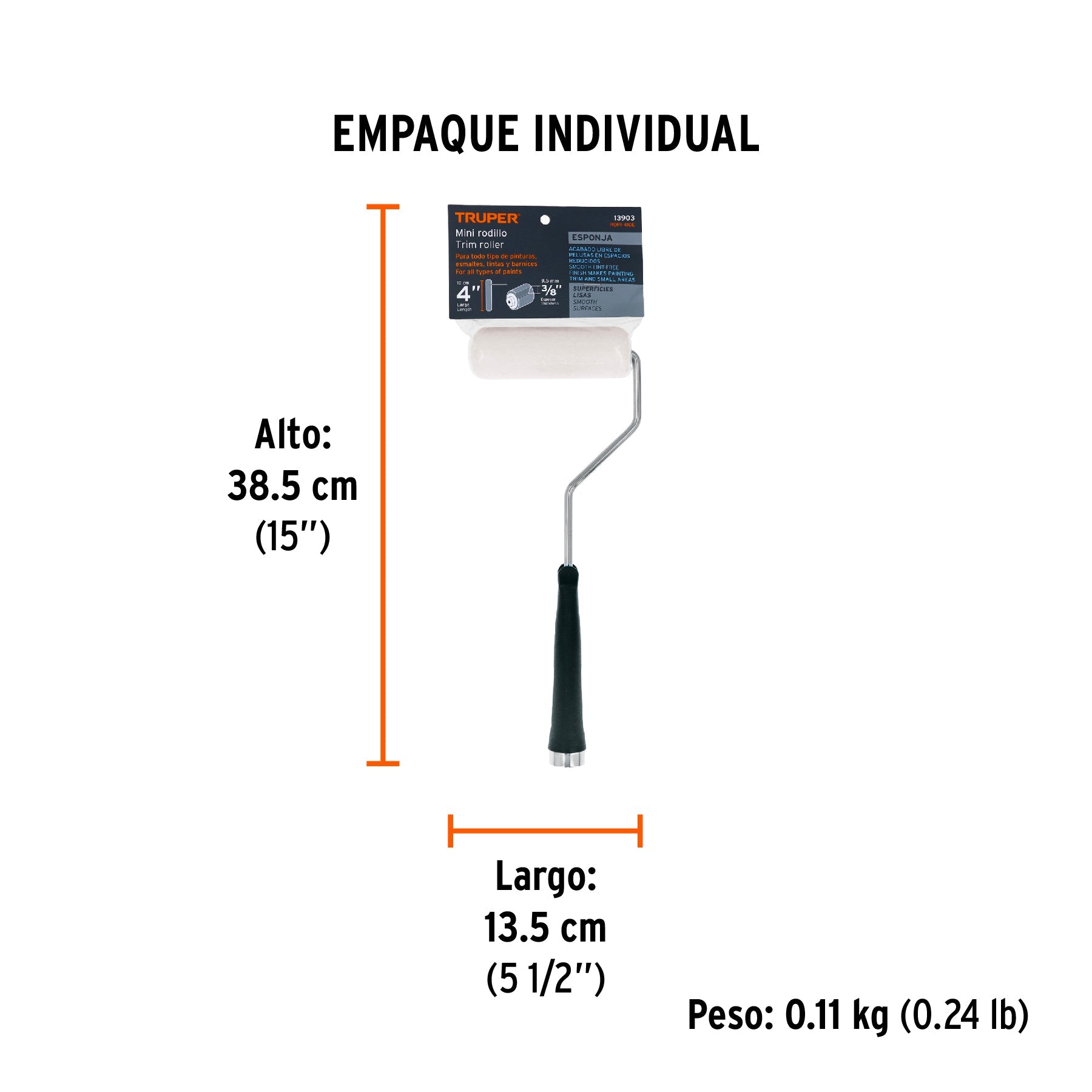 Mini Rodillo para pintar 4" x 3/8" de esponja, TRUPER - Empaque
