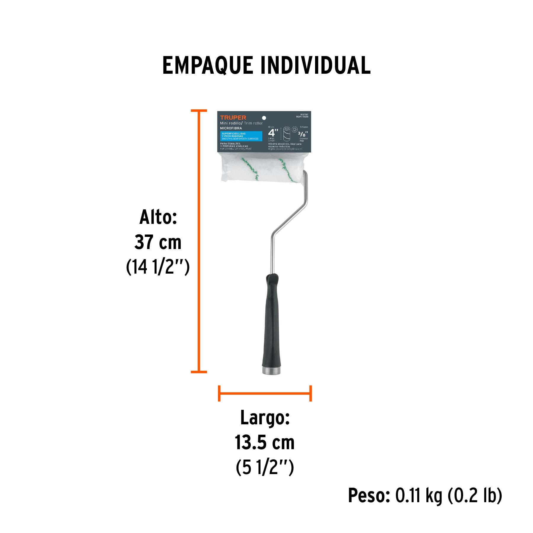 Mini rodillo para pintar 4" x 3/8" de microfibra, TRUPER - Empaque