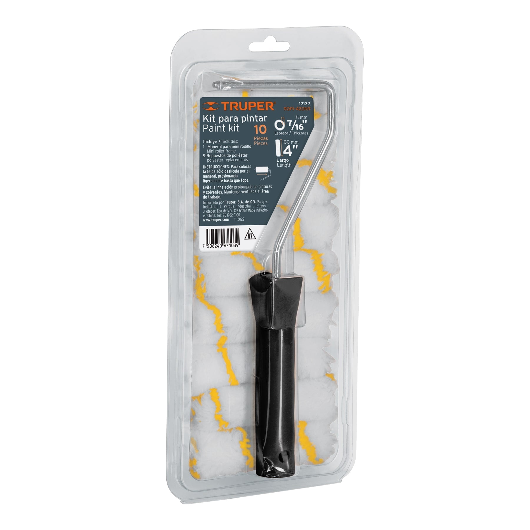 Kit de maneral y 9 mini rodillos de 4" de poliéster, TRUPER