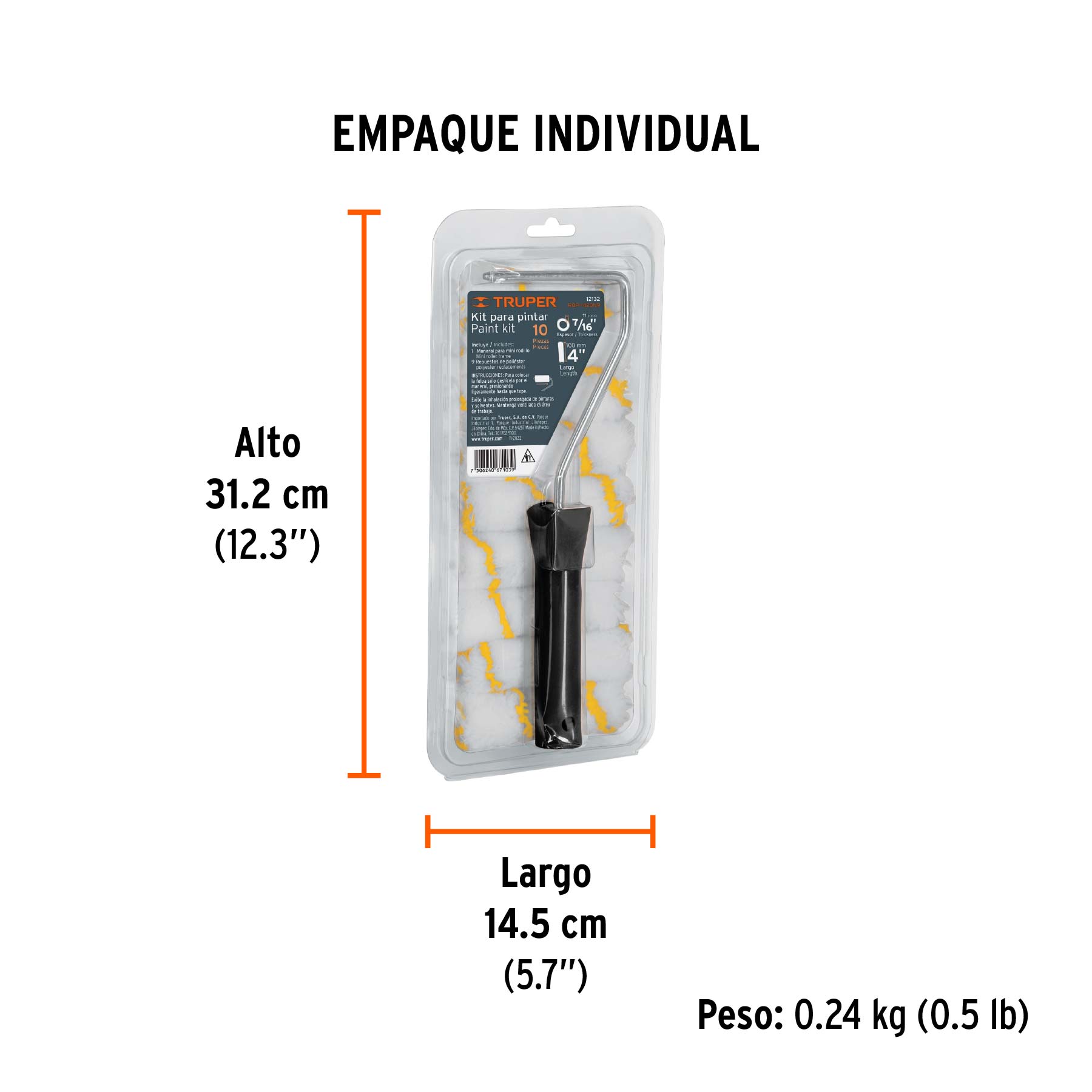 Kit de maneral y 9 mini rodillos de 4" de poliéster, TRUPER - Empaque