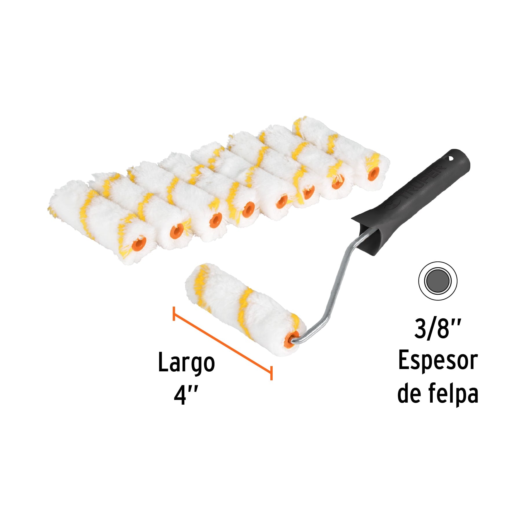 Kit de maneral y 9 mini rodillos de 4" de poliéster, TRUPER