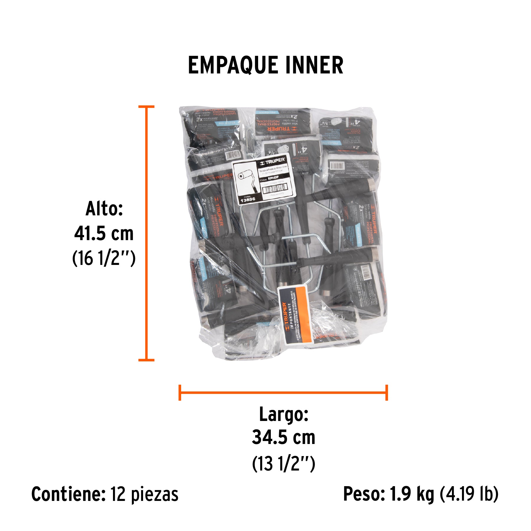 Mini rodillo para pintar 4" x 3/4" de poliéster, TRUPER - Empaque