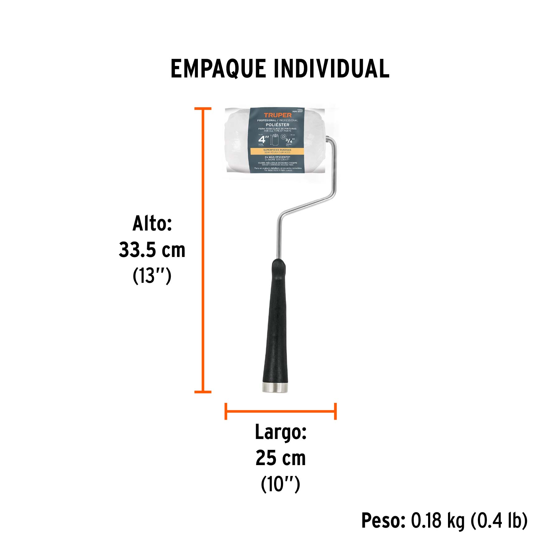 Mini rodillo para pintar 4" x 3/4" de poliéster, TRUPER - Empaque