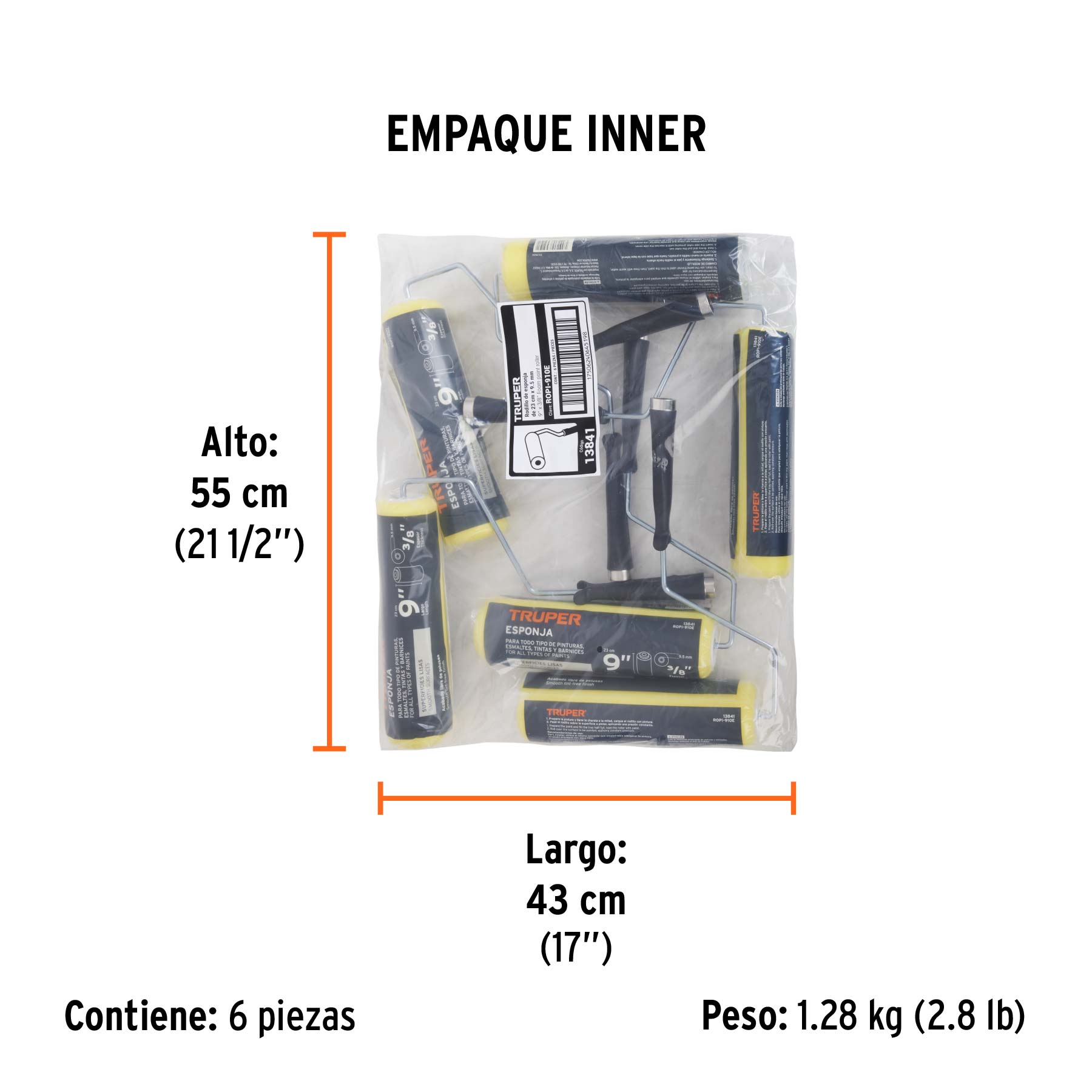 Rodillo para pintar 9 x 3/8" de esponja, superficies lisas - Empaque