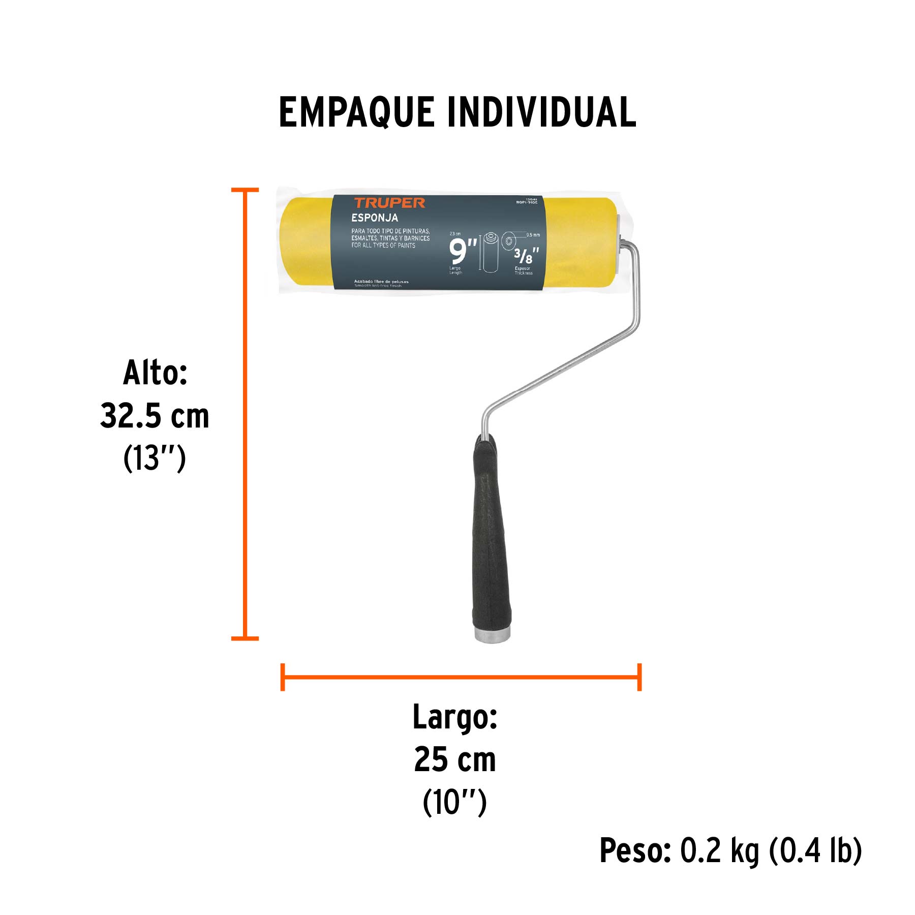 Rodillo para pintar 9 x 3/8" de esponja, superficies lisas - Empaque