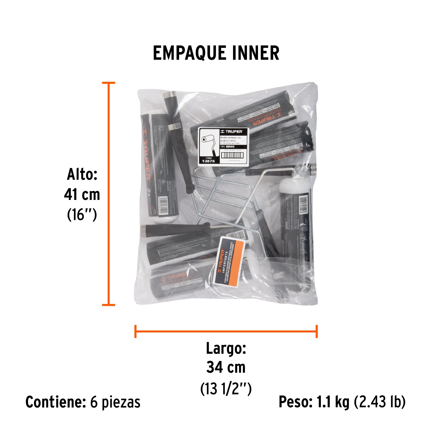 Rodillo para pintar 9 x 3/8" superficies lisas, TRUPER - Empaque