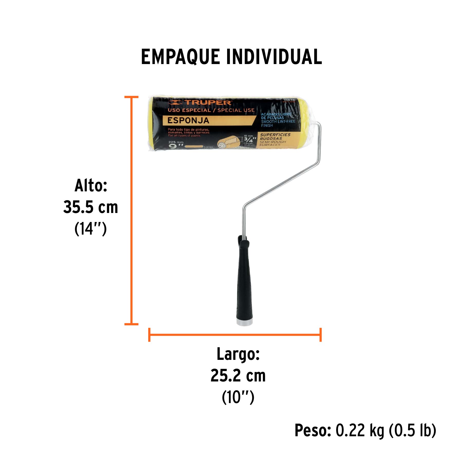 Rodillo para pintar 9 x 3/4" de esponja, superficies rugosas - Empaque