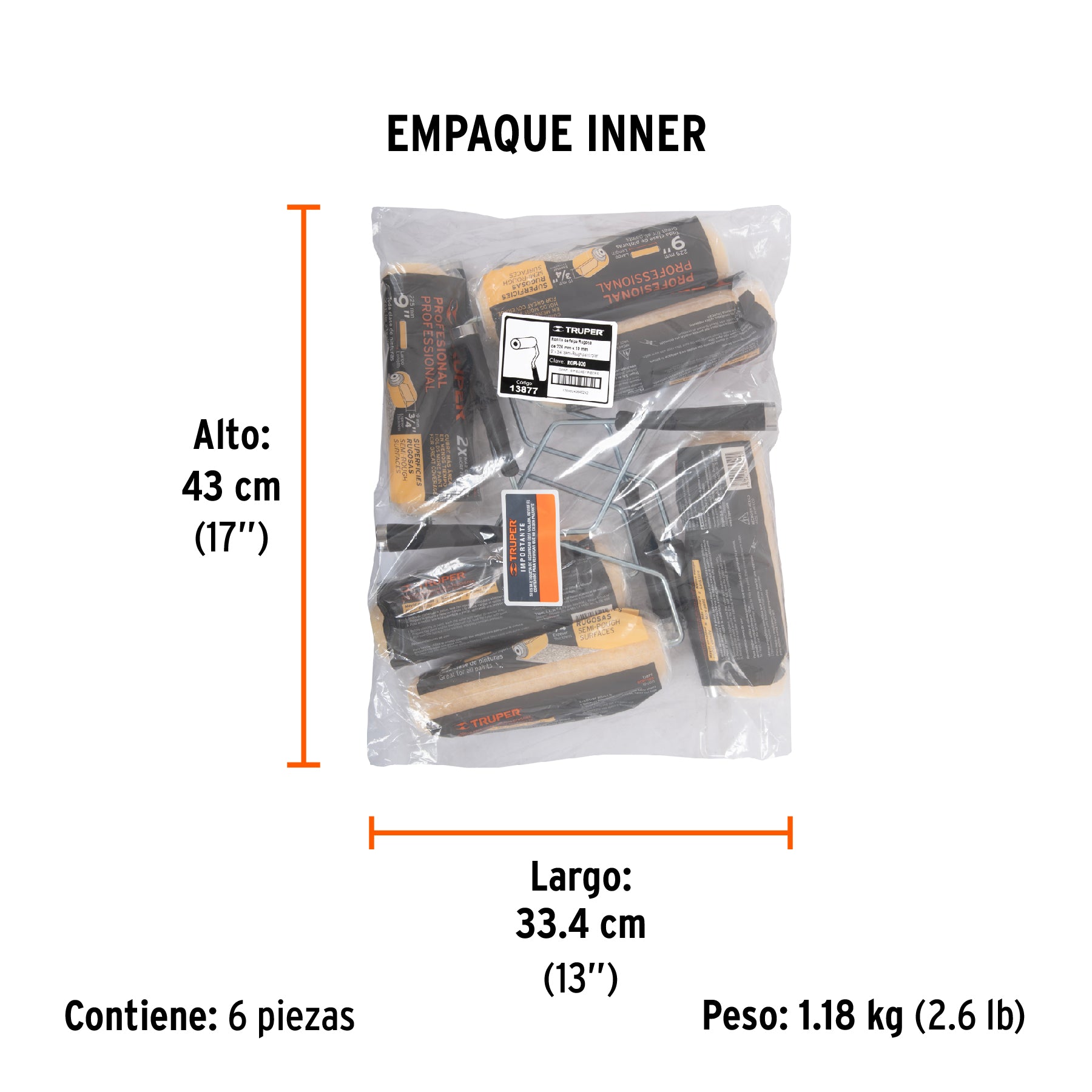Rodillo para pintar 9 x 3/4" superficies rugosas, TRUPER - Empaque