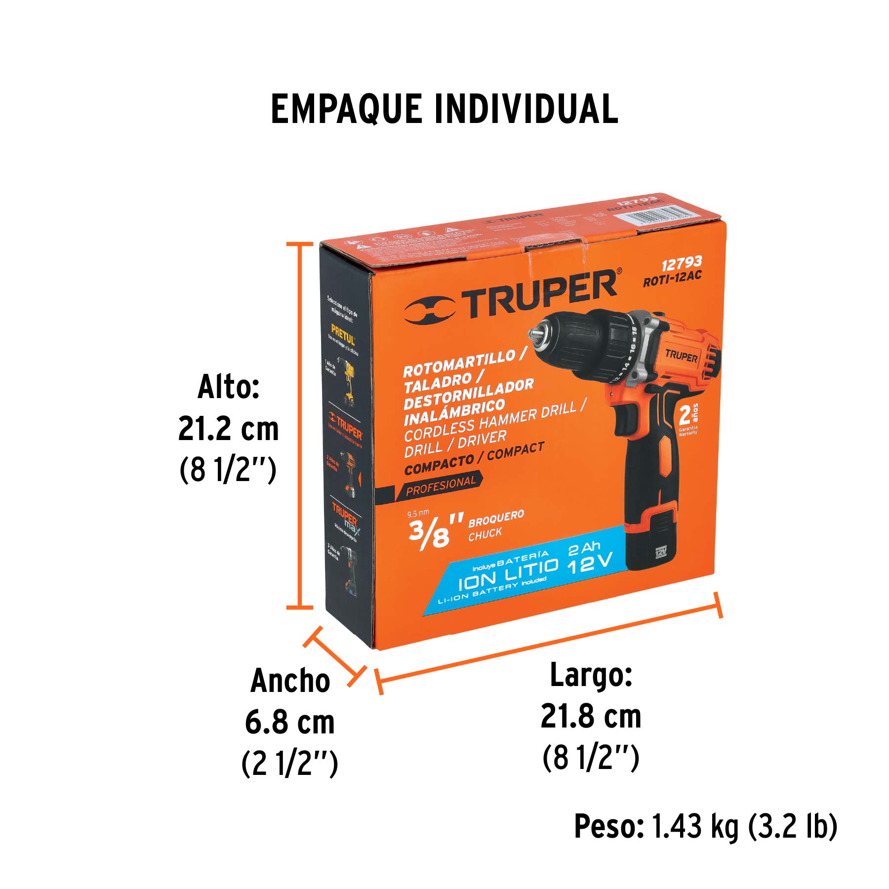 Rotomartillo/destornillador compacto 3/8", 12V, 1 bat 2Ah - Empaque