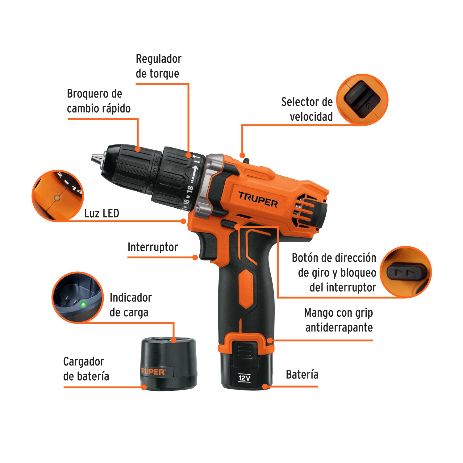 Rotomartillo/destornillador compacto 3/8", 12V, 1 bat 2Ah