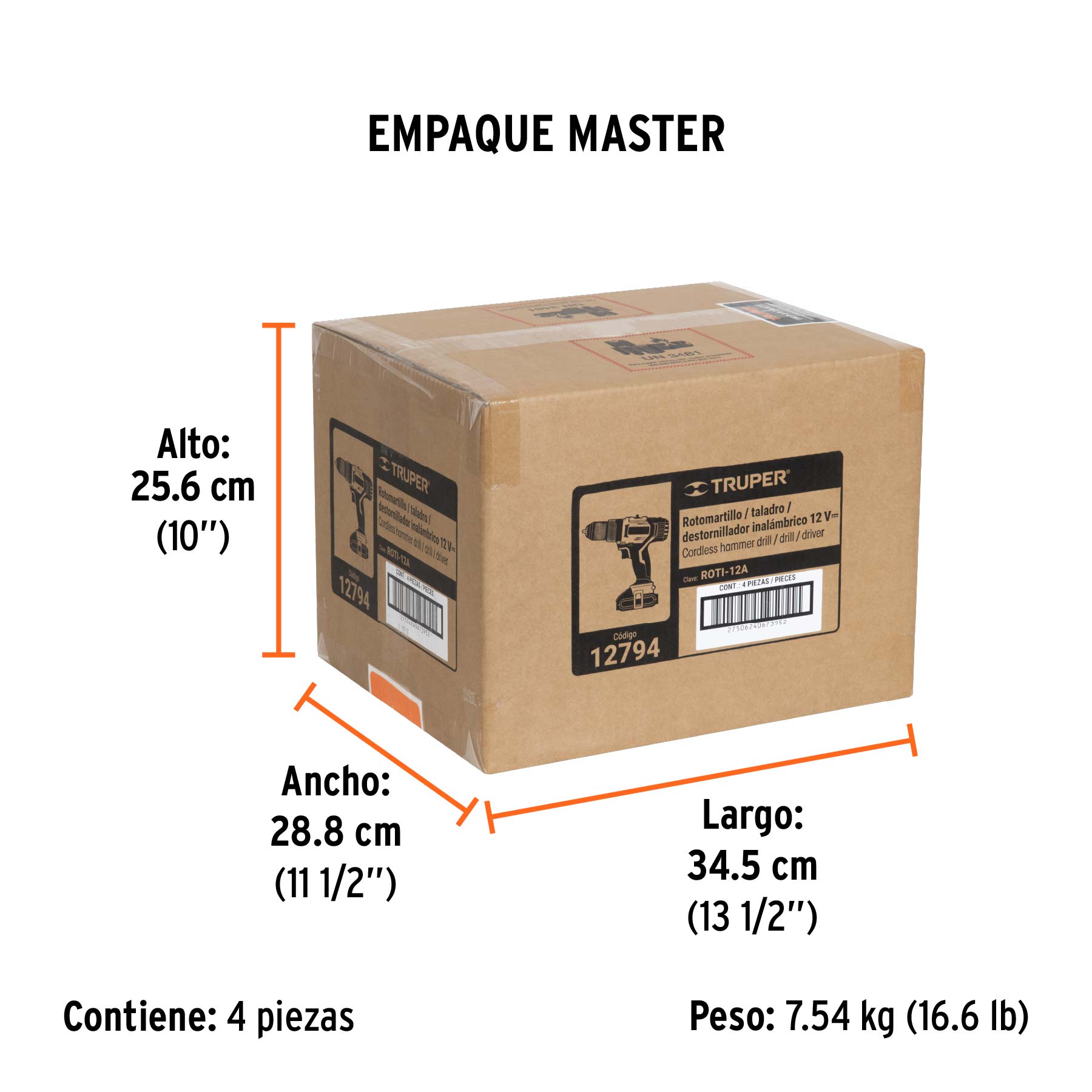 Rotomartillo/destornillador 3/8", 12V, 1 bat 2 Ah, PRO - Empaque