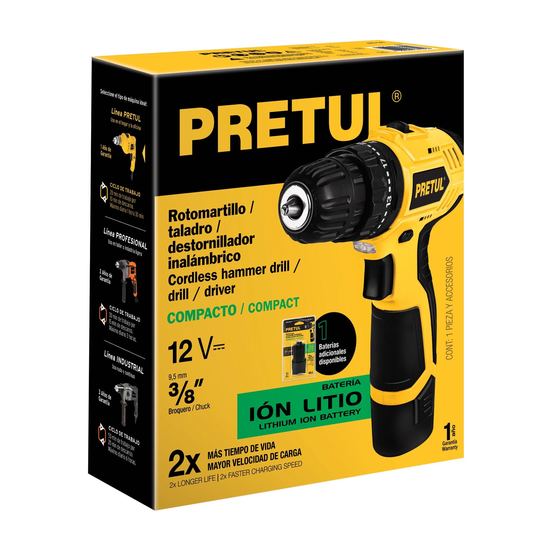 Rotomartillo compacto 3/8", 12V, 1 batería 2Ah, PRETUL