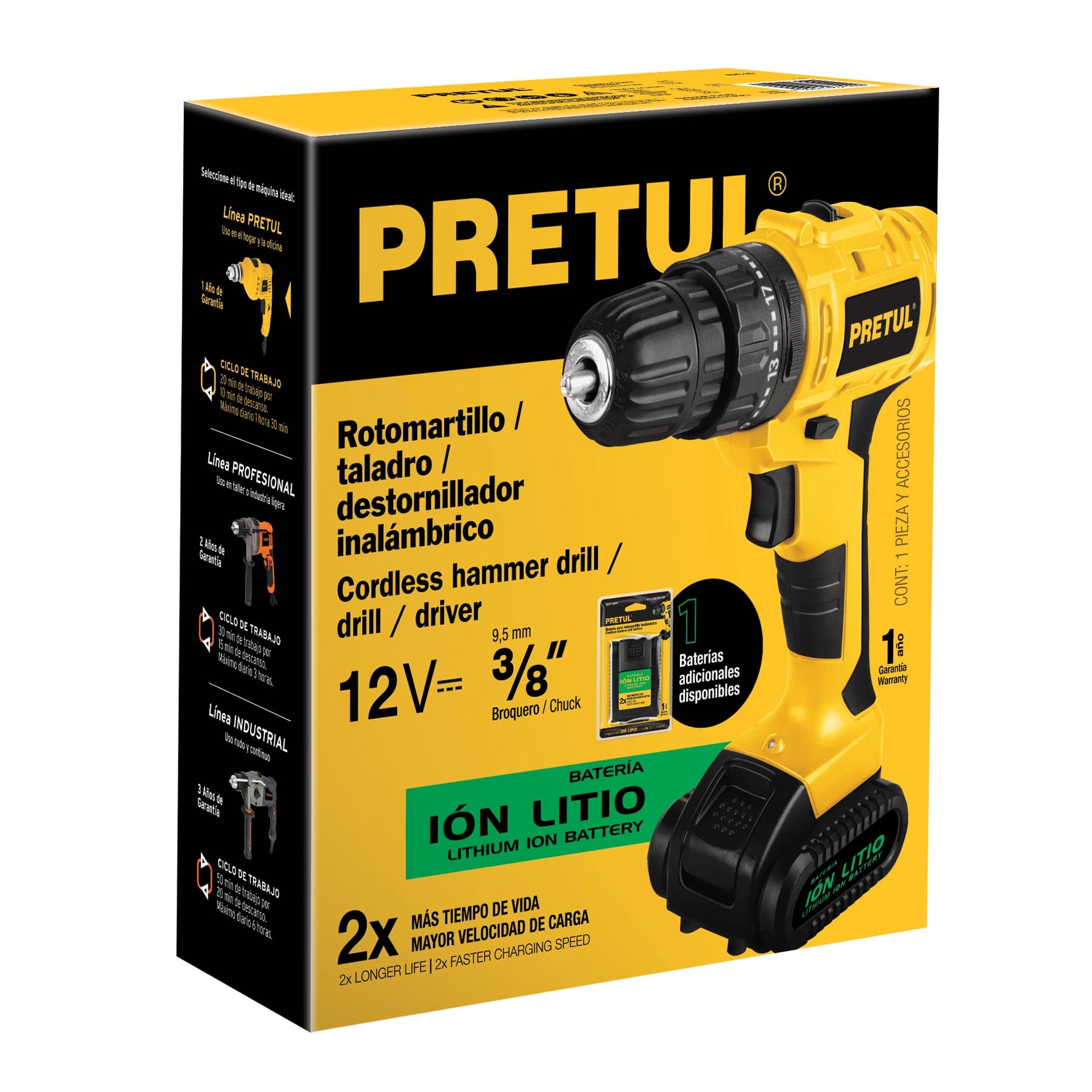 Rotomartillo 3/8", 12V, 1 batería 2Ah, PRETUL