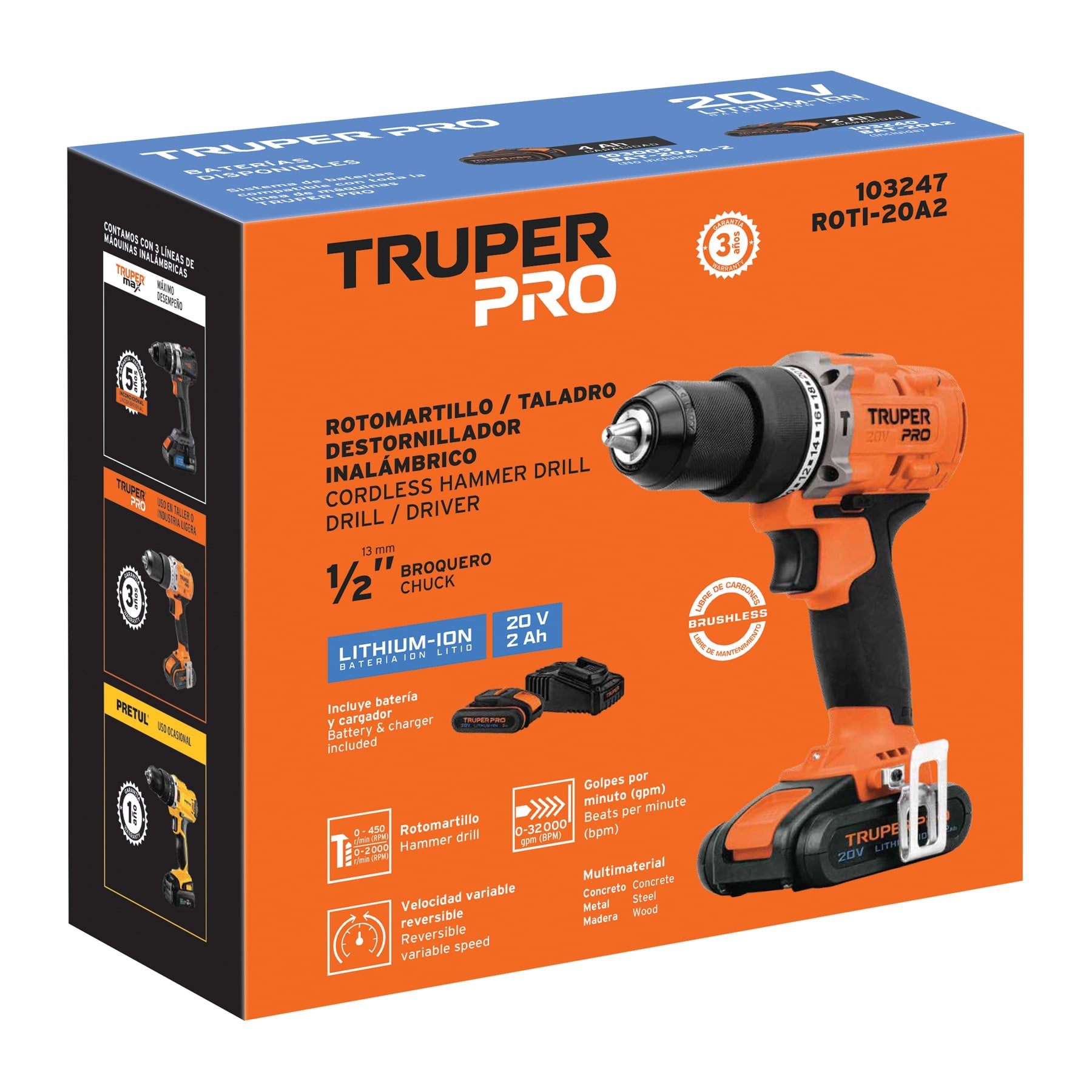Rotomartillo/destornillador 1/2", 20V, 1 batería 2Ah, PRO