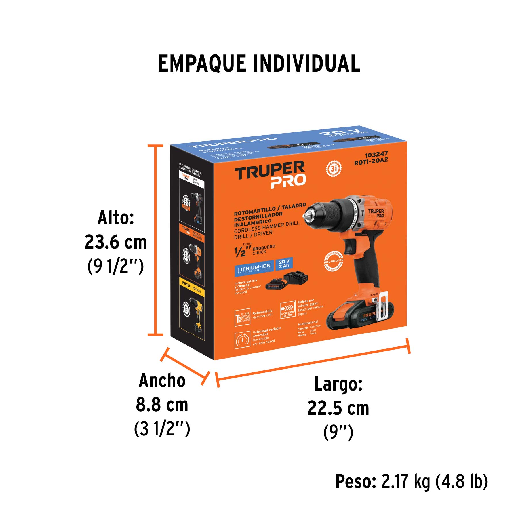 Rotomartillo/destornillador 1/2", 20V, 1 batería 2Ah, PRO - Empaque