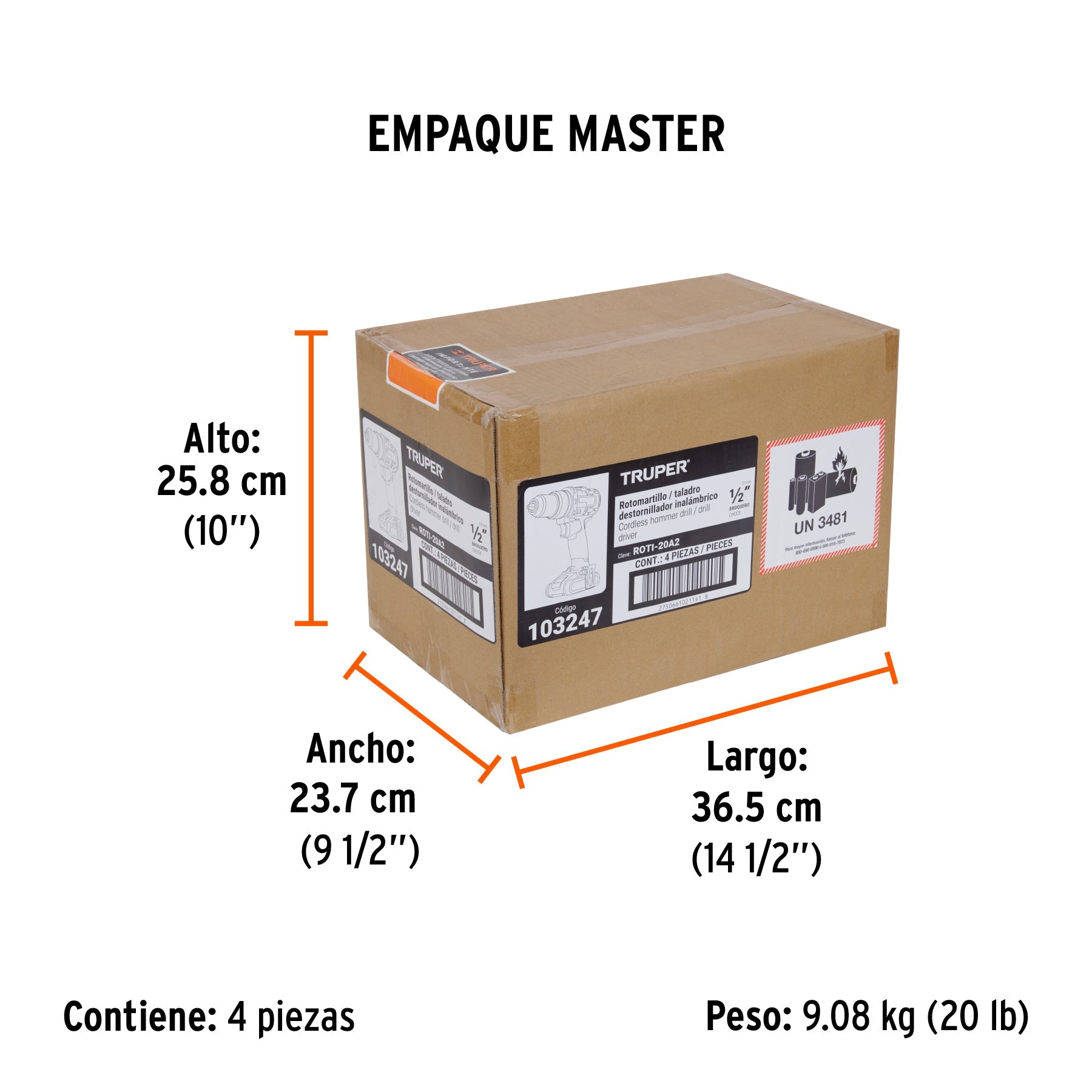 Rotomartillo/destornillador 1/2", 20V, 1 batería 2Ah, PRO - Empaque