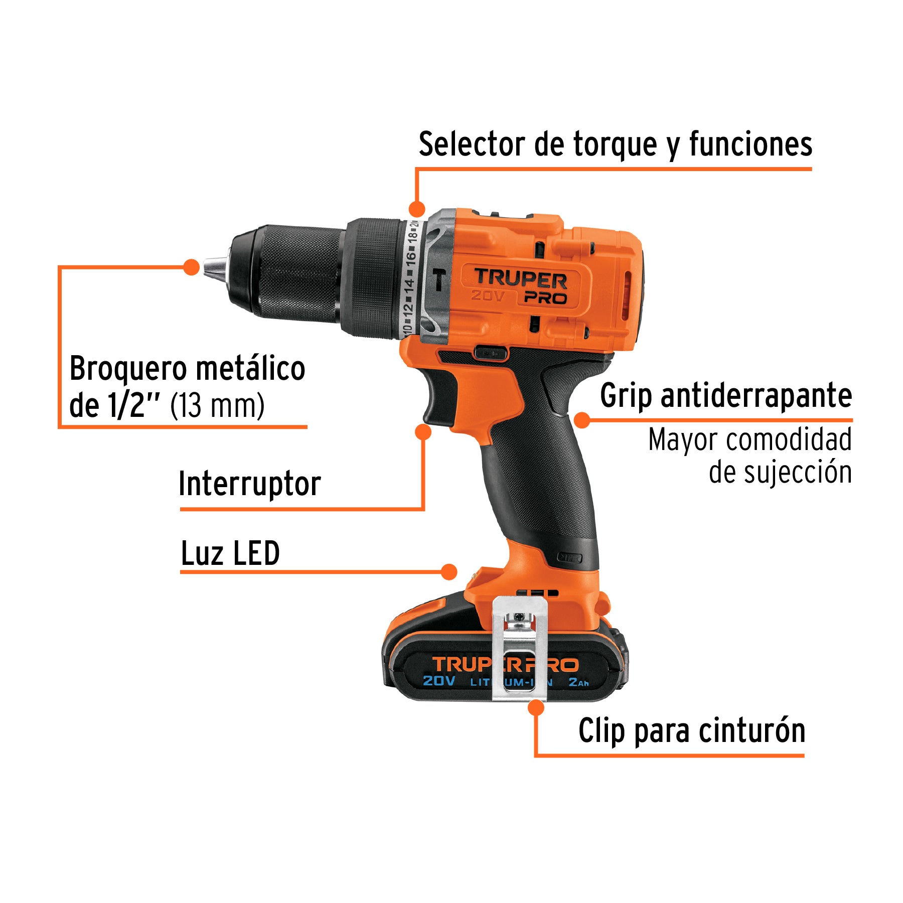 Rotomartillo/destornillador 1/2", 20V, 1 batería 2Ah, PRO