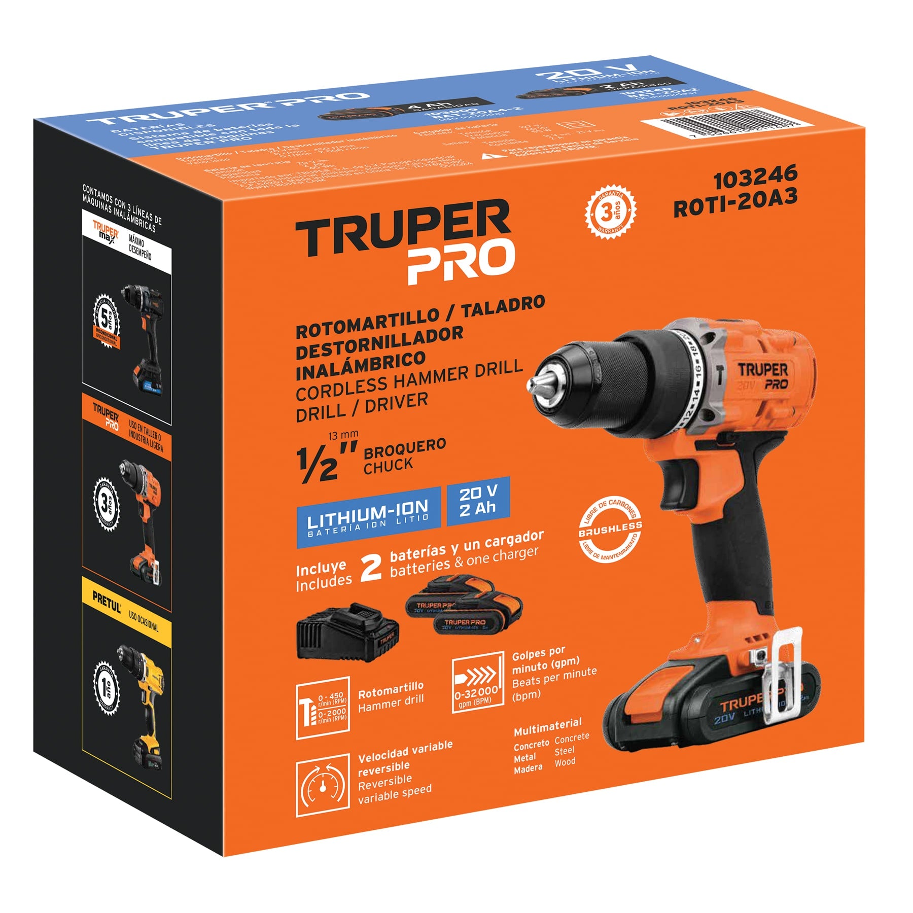 Rotomartillo/destornillador 1/2", 20V, 2 baterías 2Ah, PRO