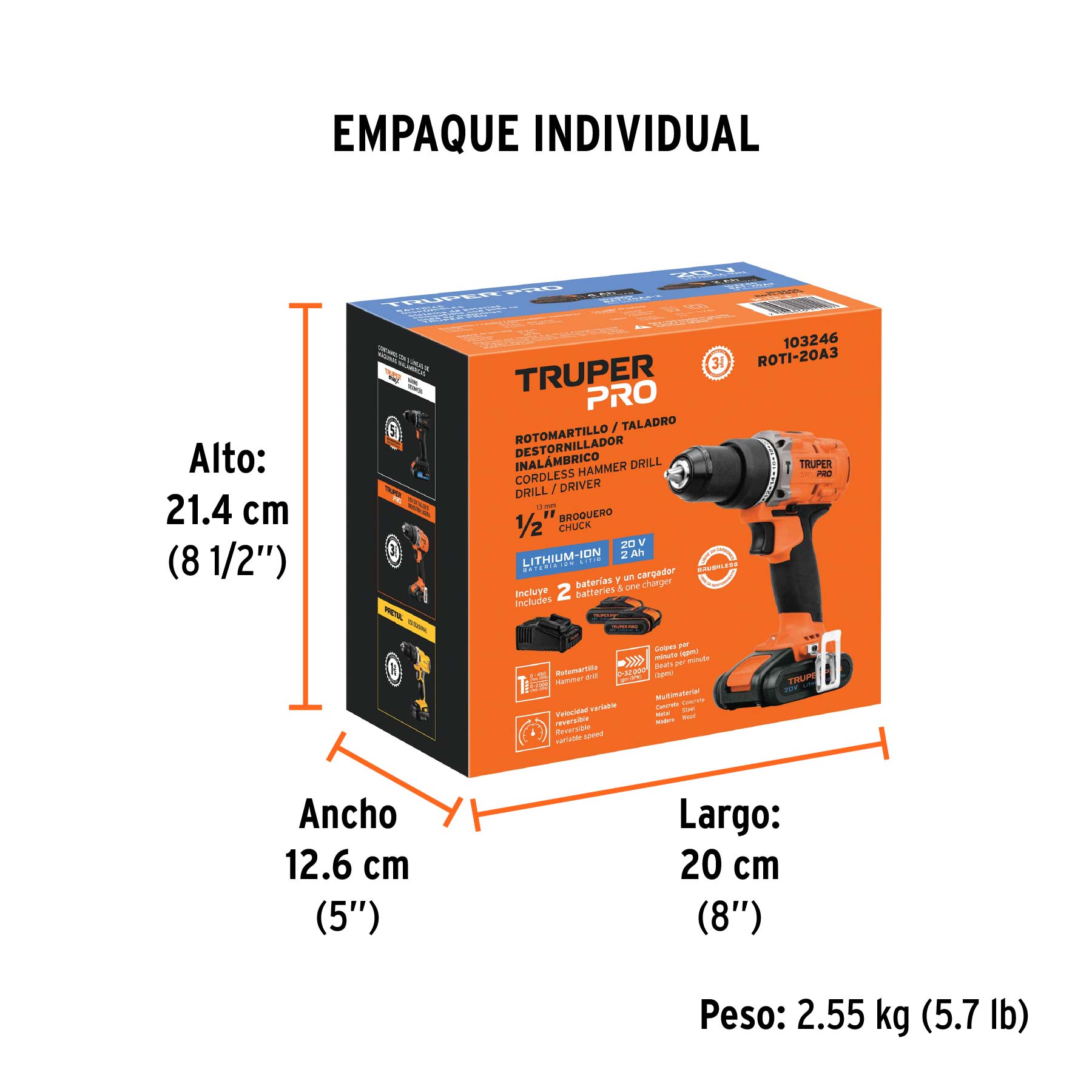 Rotomartillo/destornillador 1/2", 20V, 2 baterías 2Ah, PRO - Empaque