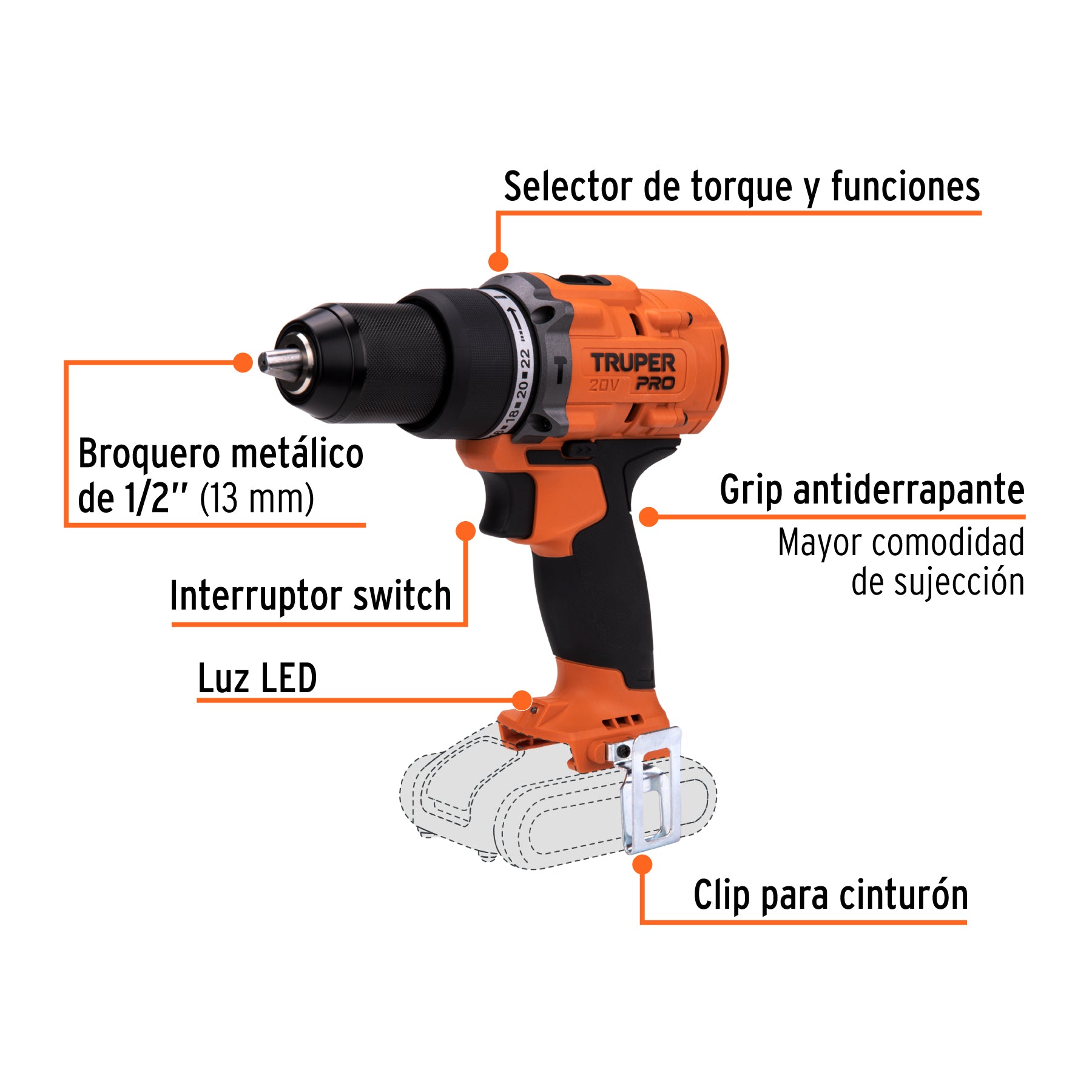 Rotomartillo/destornillador 1/2", 20V, sin accesorios, PRO