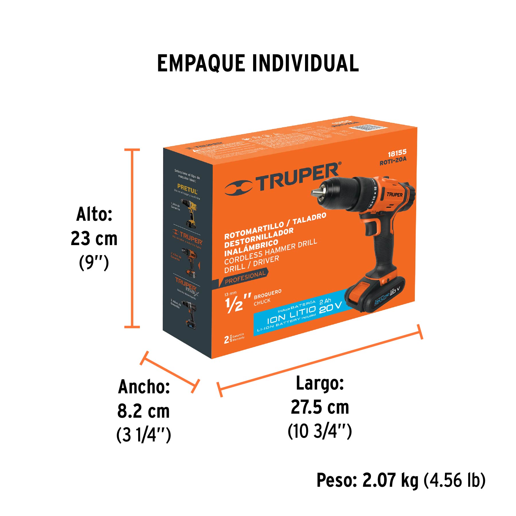 Rotomartillo 1/2", 20V, 1 batería 2Ah, PRO - Empaque