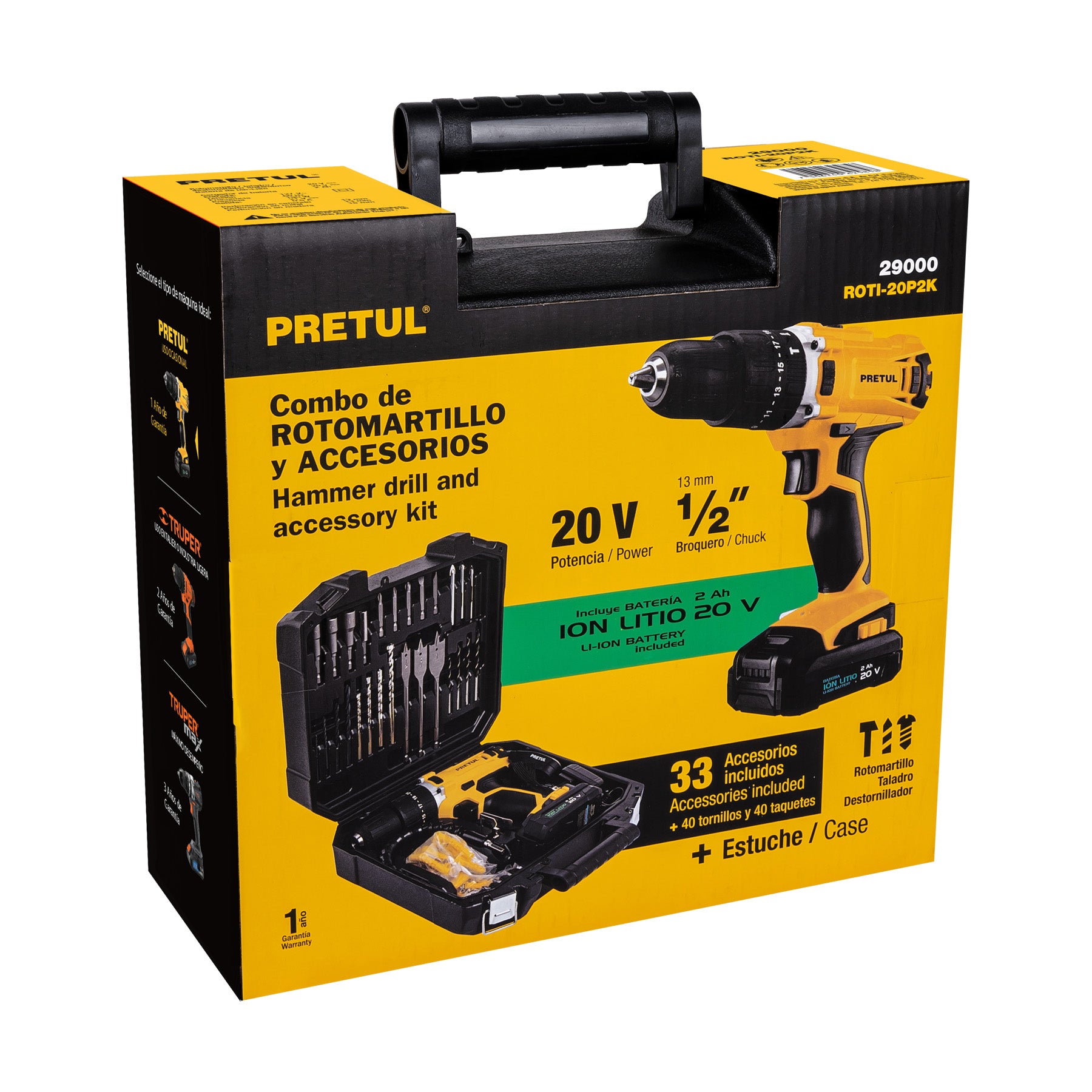Kit rotomartillo/destornillador 1/2", 20V, 32 acc., PRETUL