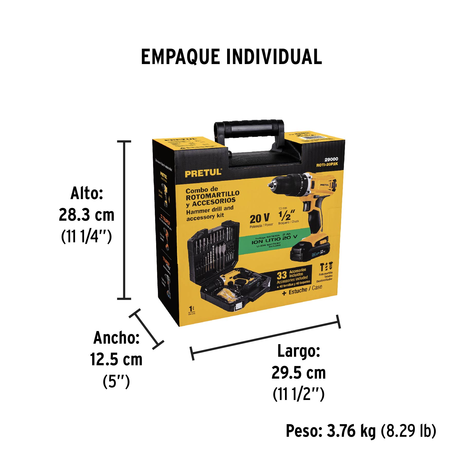 Kit rotomartillo/destornillador 1/2", 20V, 32 acc., PRETUL - Empaque
