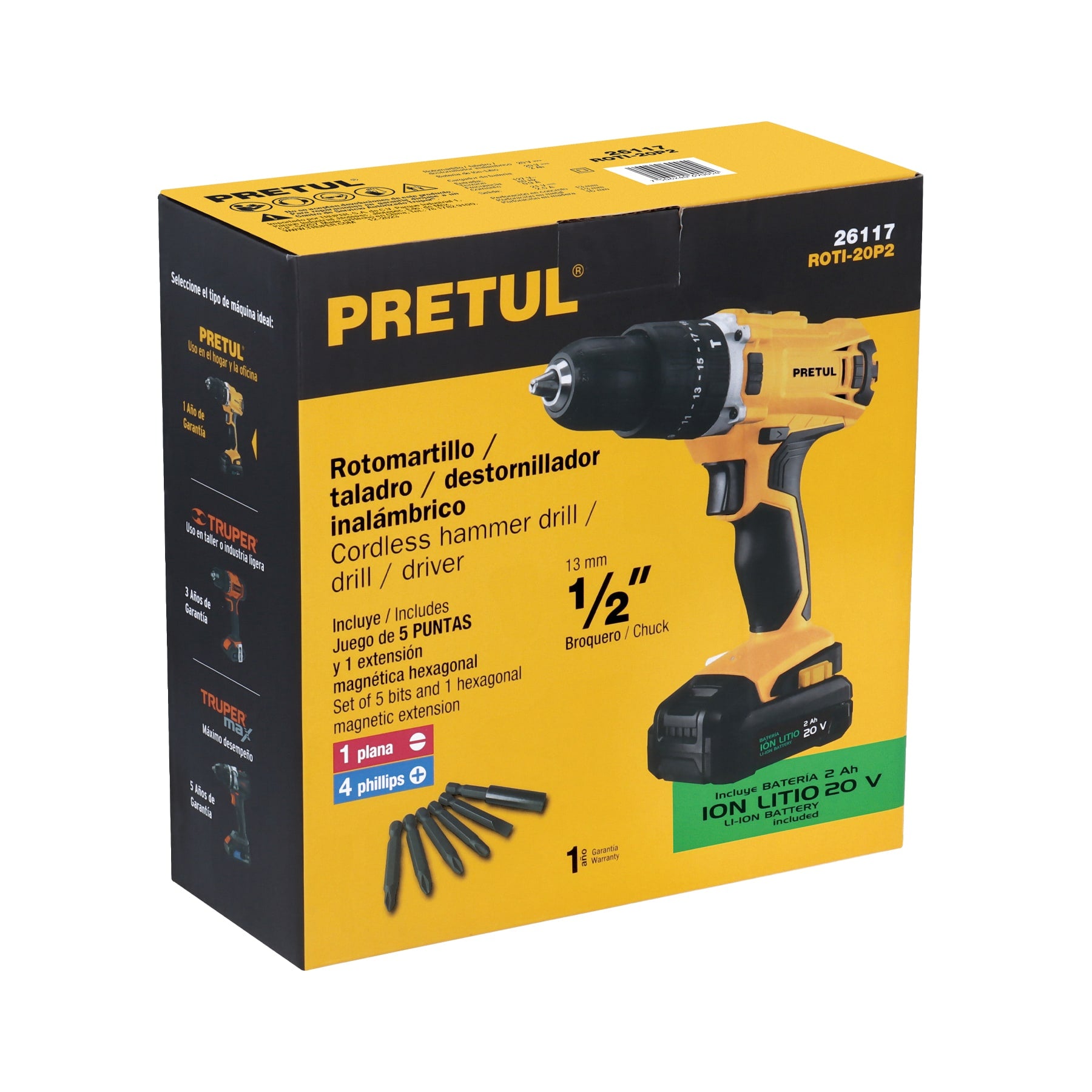 Rotomartillo/destornillador 1/2", 20V, 1 batería 2Ah, PRETUL