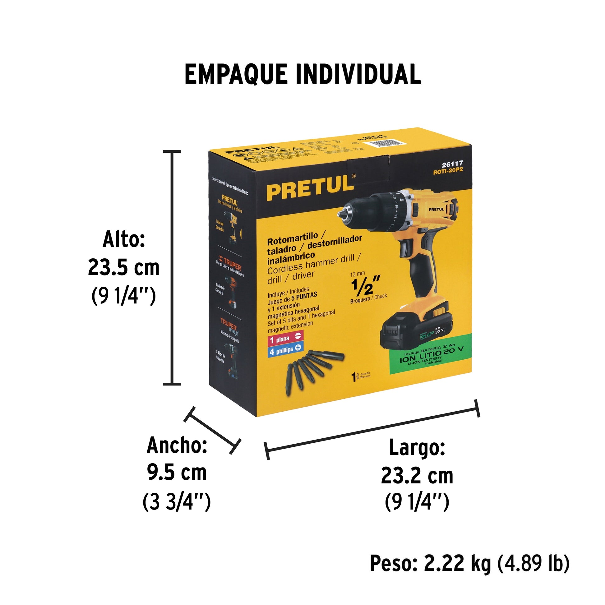 Rotomartillo/destornillador 1/2", 20V, 1 batería 2Ah, PRETUL - Empaque