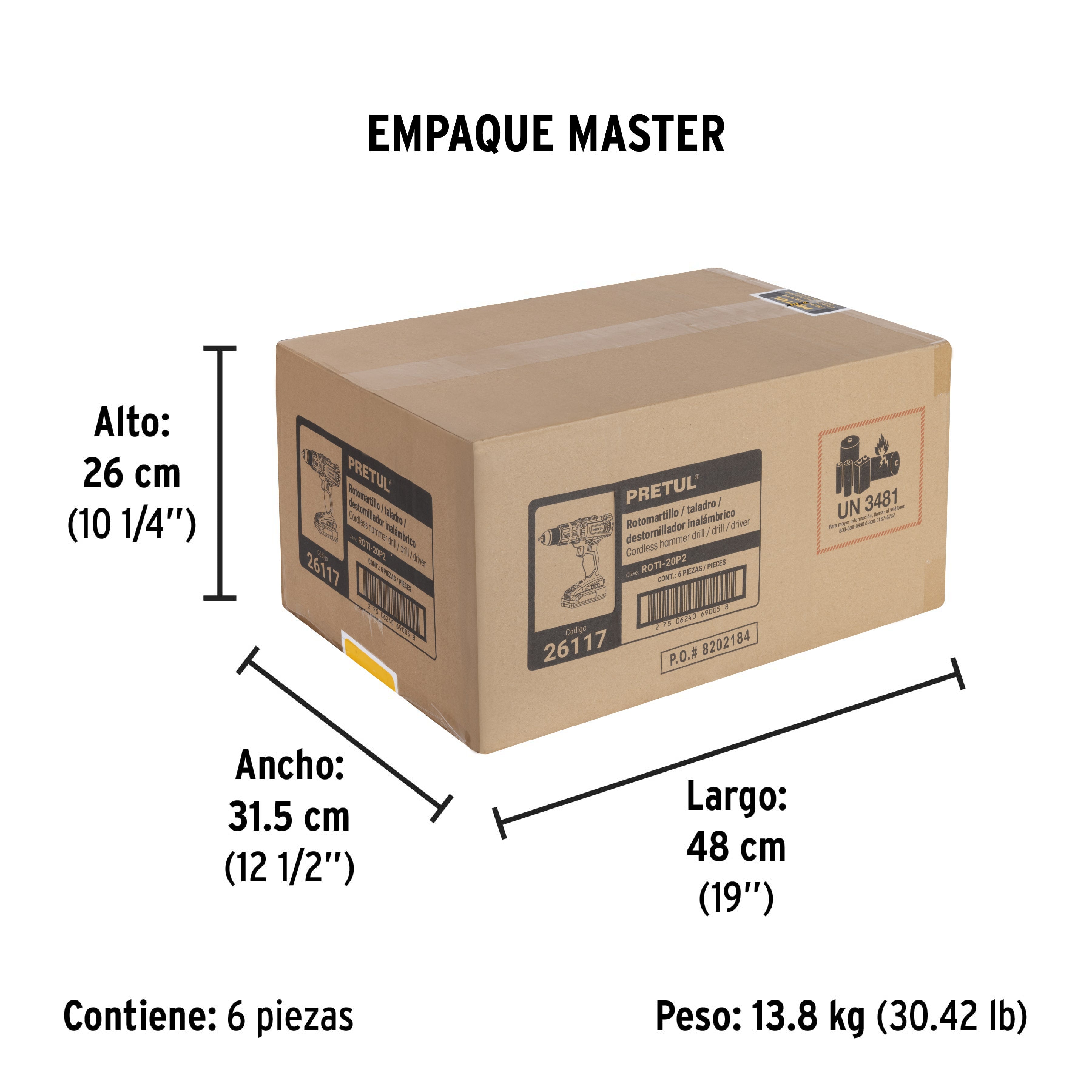 Rotomartillo/destornillador 1/2", 20V, 1 batería 2Ah, PRETUL - Empaque