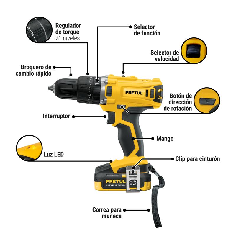 Rotomartillo/destornillador 1/2", 20V, 1 batería 2Ah, PRETUL