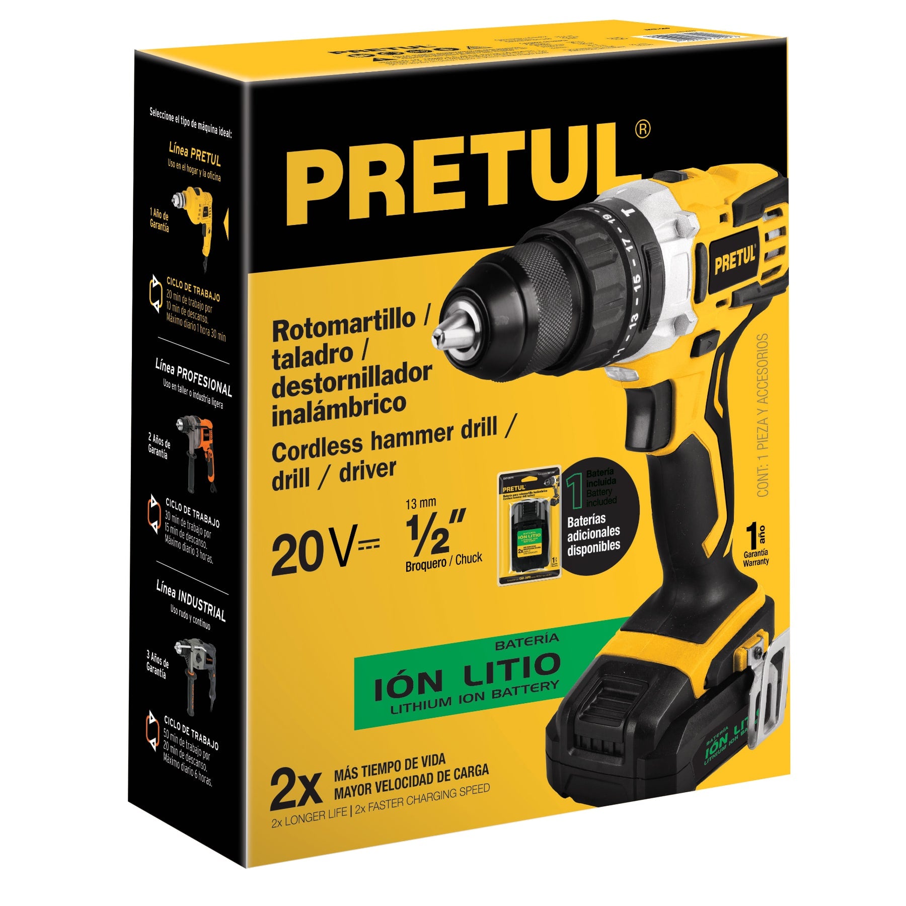 Rotomartillo 1/2", 20V, 1 batería 2Ah, PRETUL