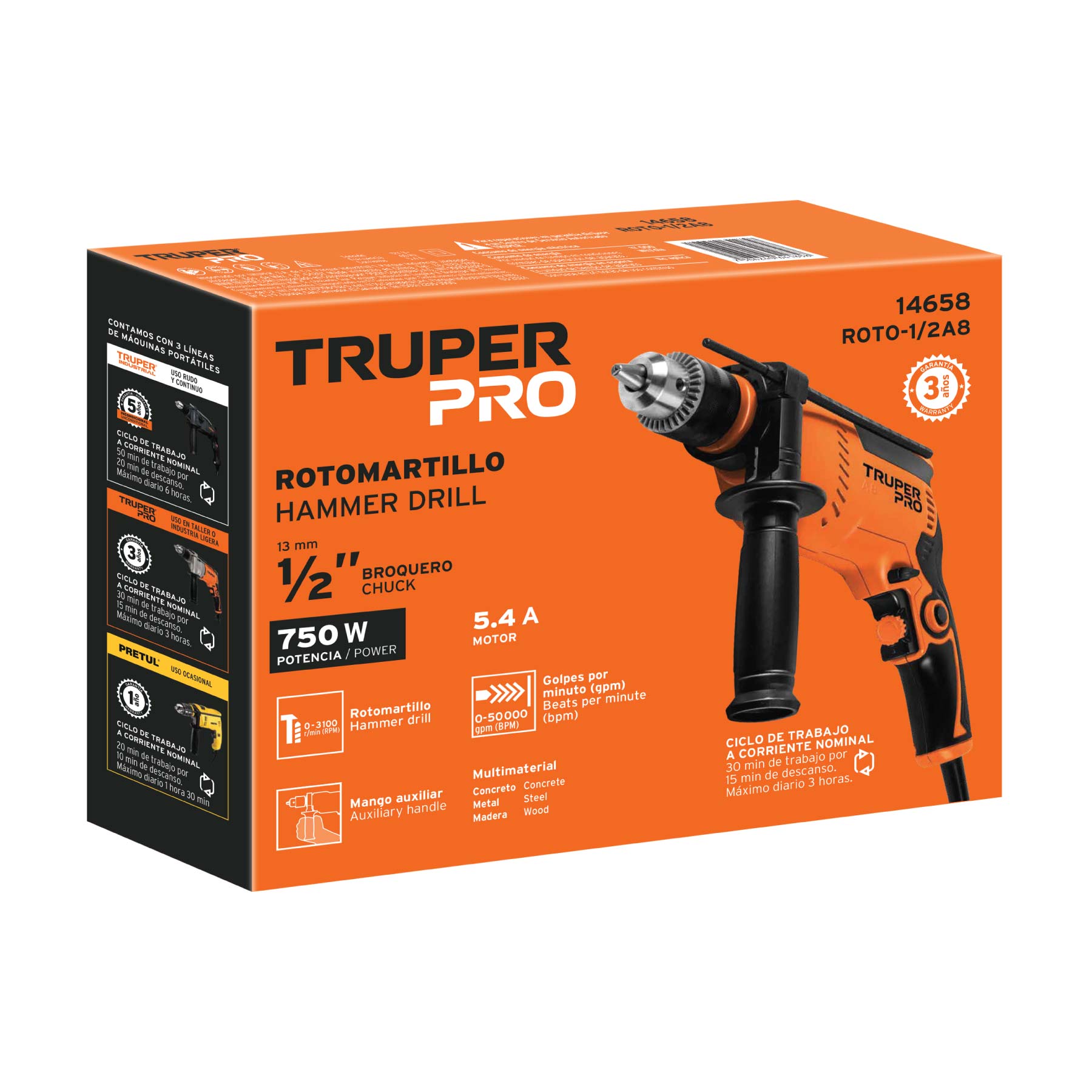 Rotomartillo/destornillador 1/2", 750W, TRUPER PRO