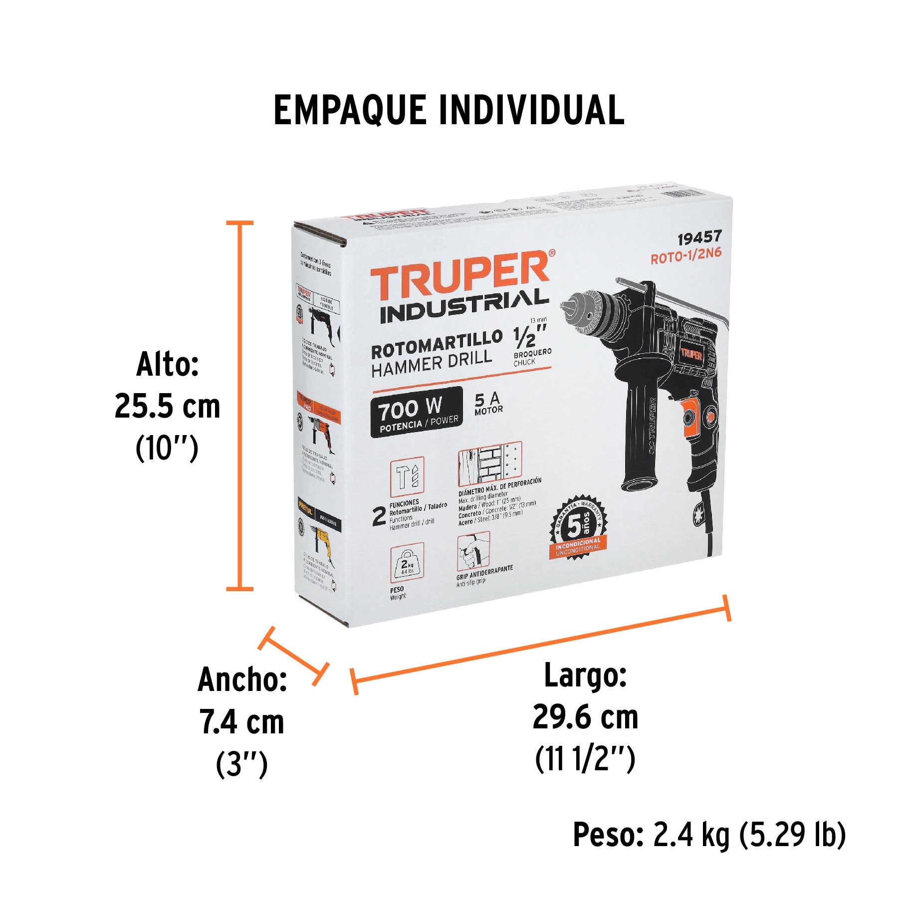 Rotomartillo/destornillador 1/2", 700W, TRUPER INDUSTRIAL - Empaque