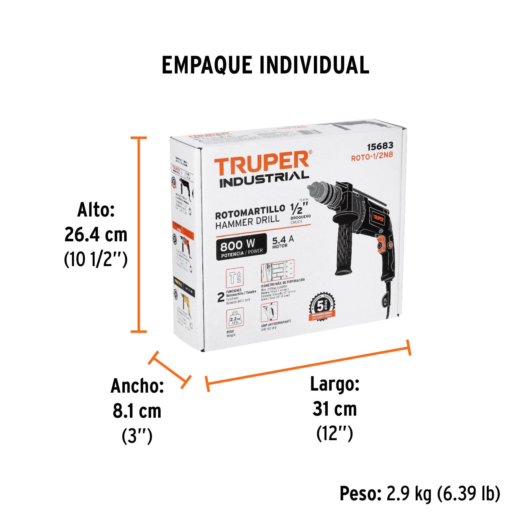 Rotomartillo 1/2", 800W, TRUPER INDUSTRIAL - Empaque