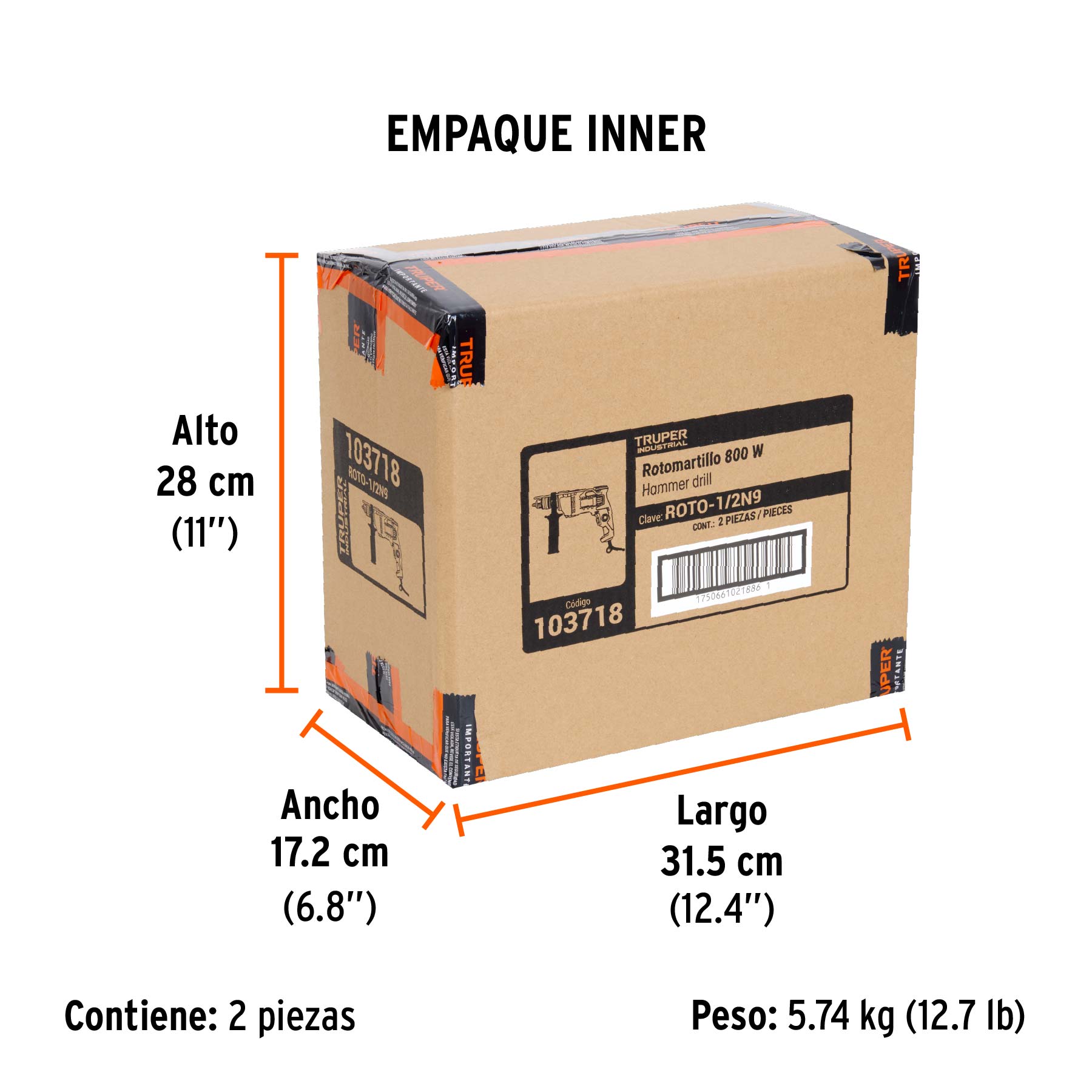 Rotomartillo/destornillador 1/2", 800W, TRUPER INDUSTRIAL - Empaque