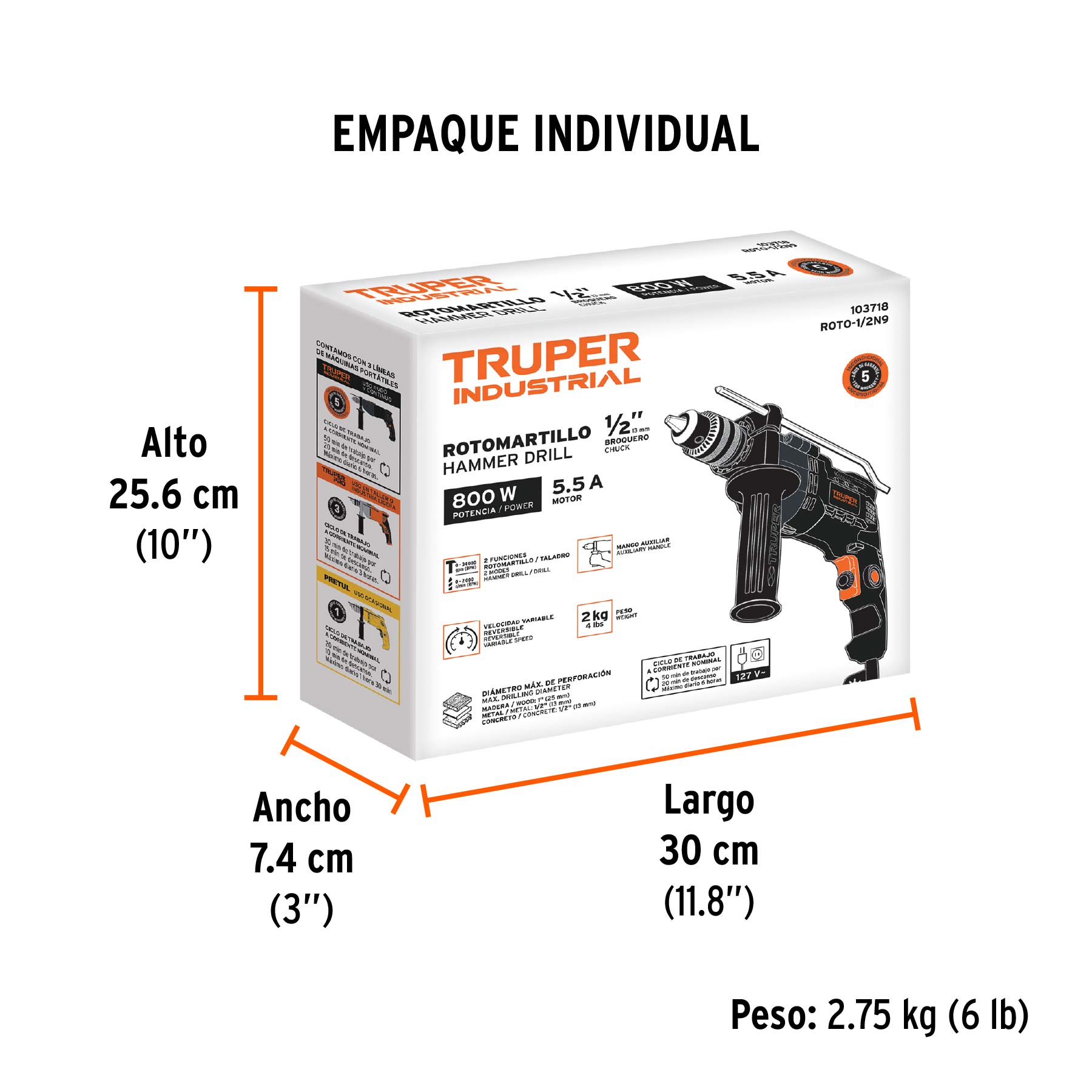 Rotomartillo/destornillador 1/2", 800W, TRUPER INDUSTRIAL - Empaque