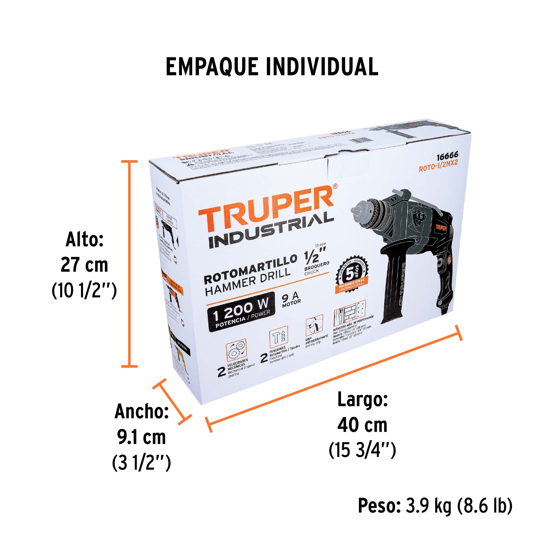 Rotomartillo/destornillador 1/2", 1200W, TRUPER INDUSTRIAL - Empaque