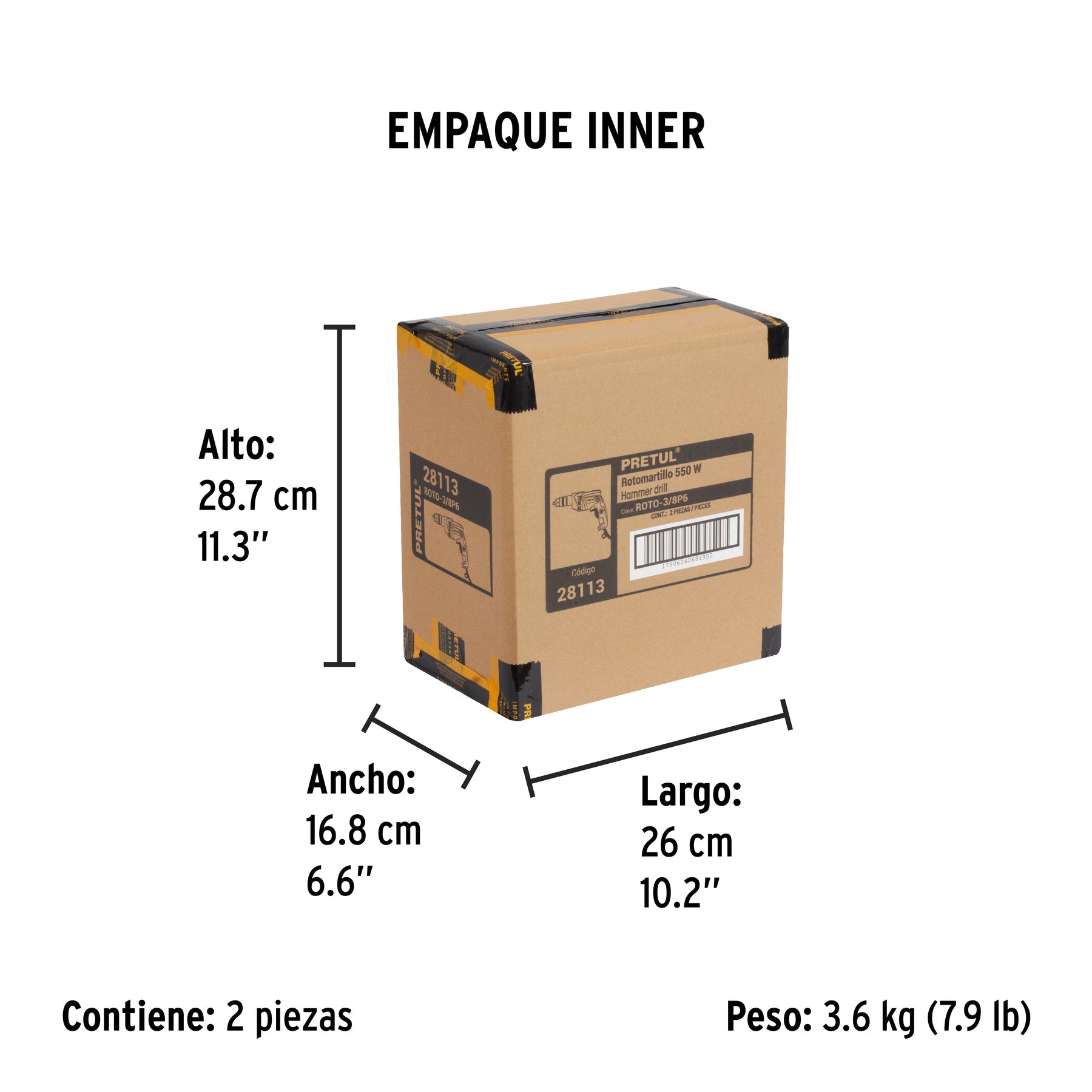 Rotomartillo/destornillador 3/8", 550W, PRETUL - Empaque
