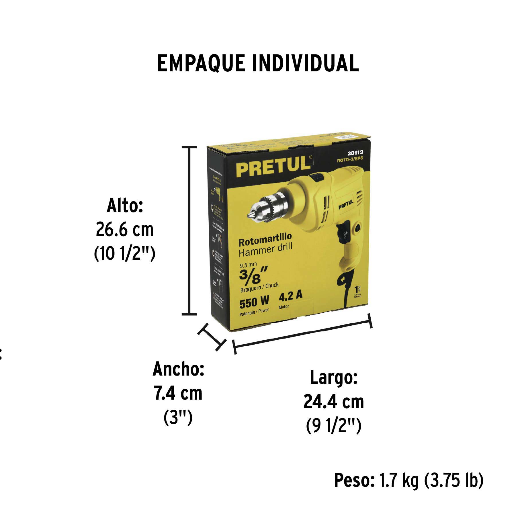 Rotomartillo/destornillador 3/8", 550W, PRETUL - Empaque