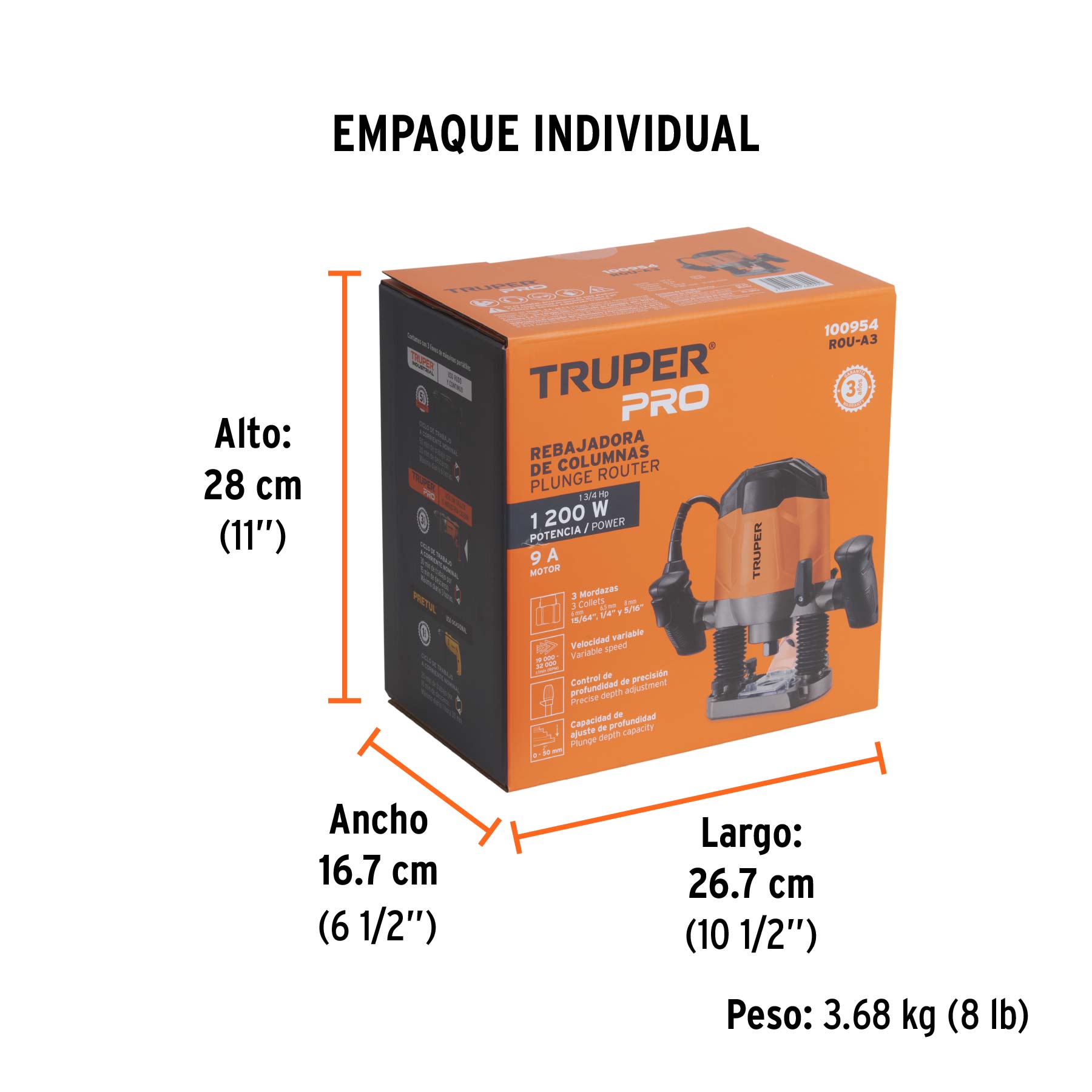 Router (Rebajadora) 1200W, 1-3/4 HP, TRUPER PRO - Empaque