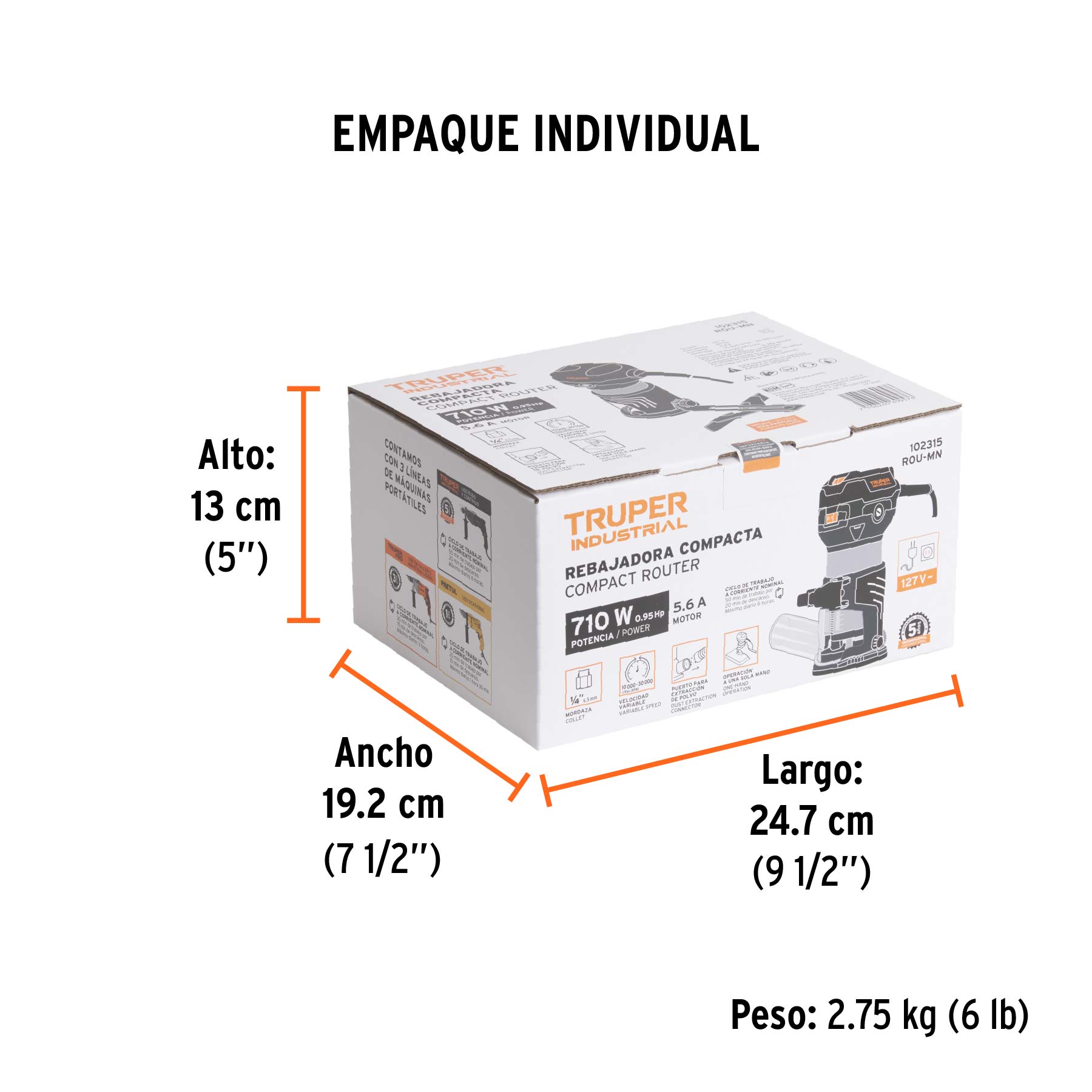 Router (Rebajadora) compacto 710W, 3/4 HP, TRUPER INDUSTRIAL - Empaque